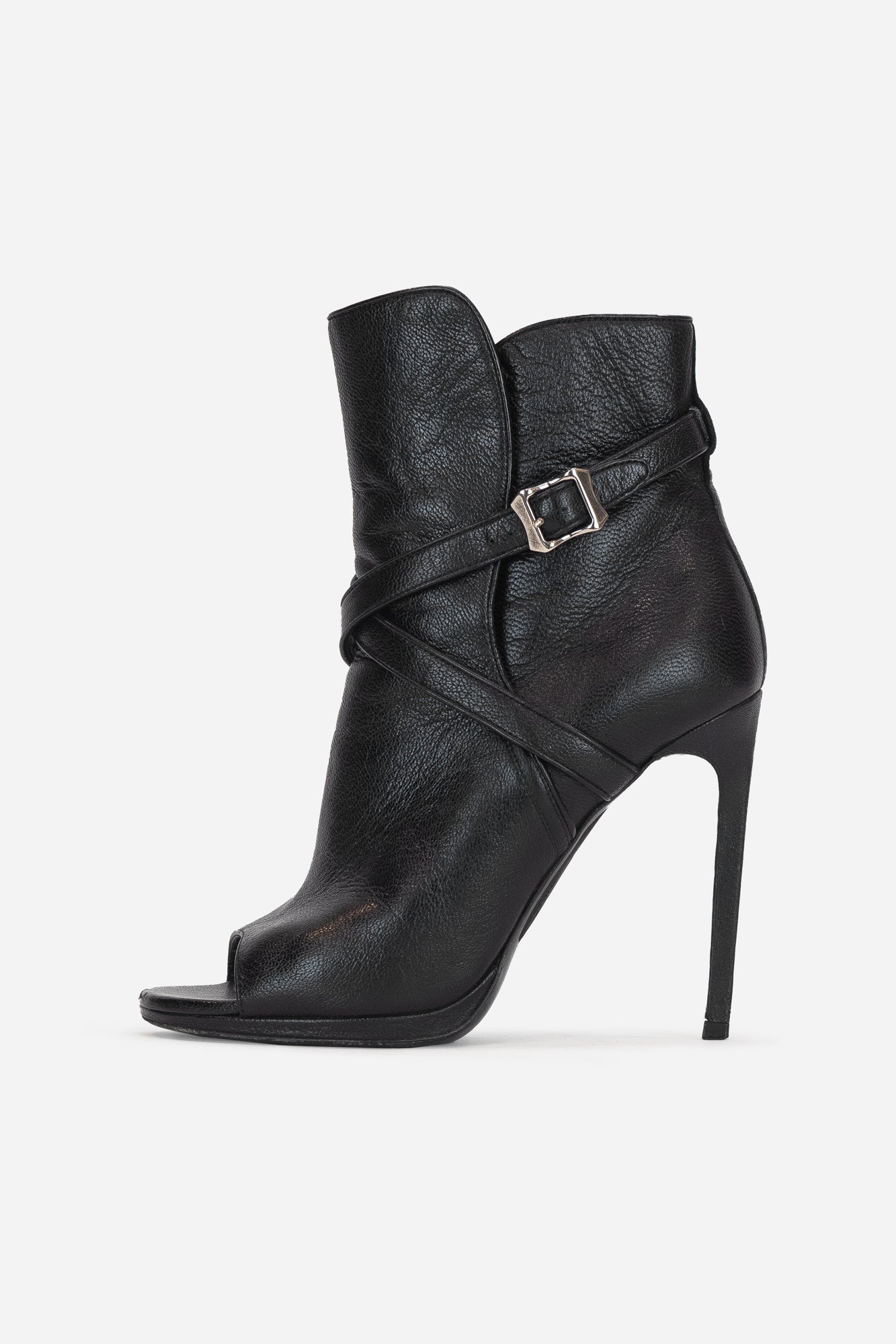 Black Leather Ankle Wrap Buckle Open Toe Boots