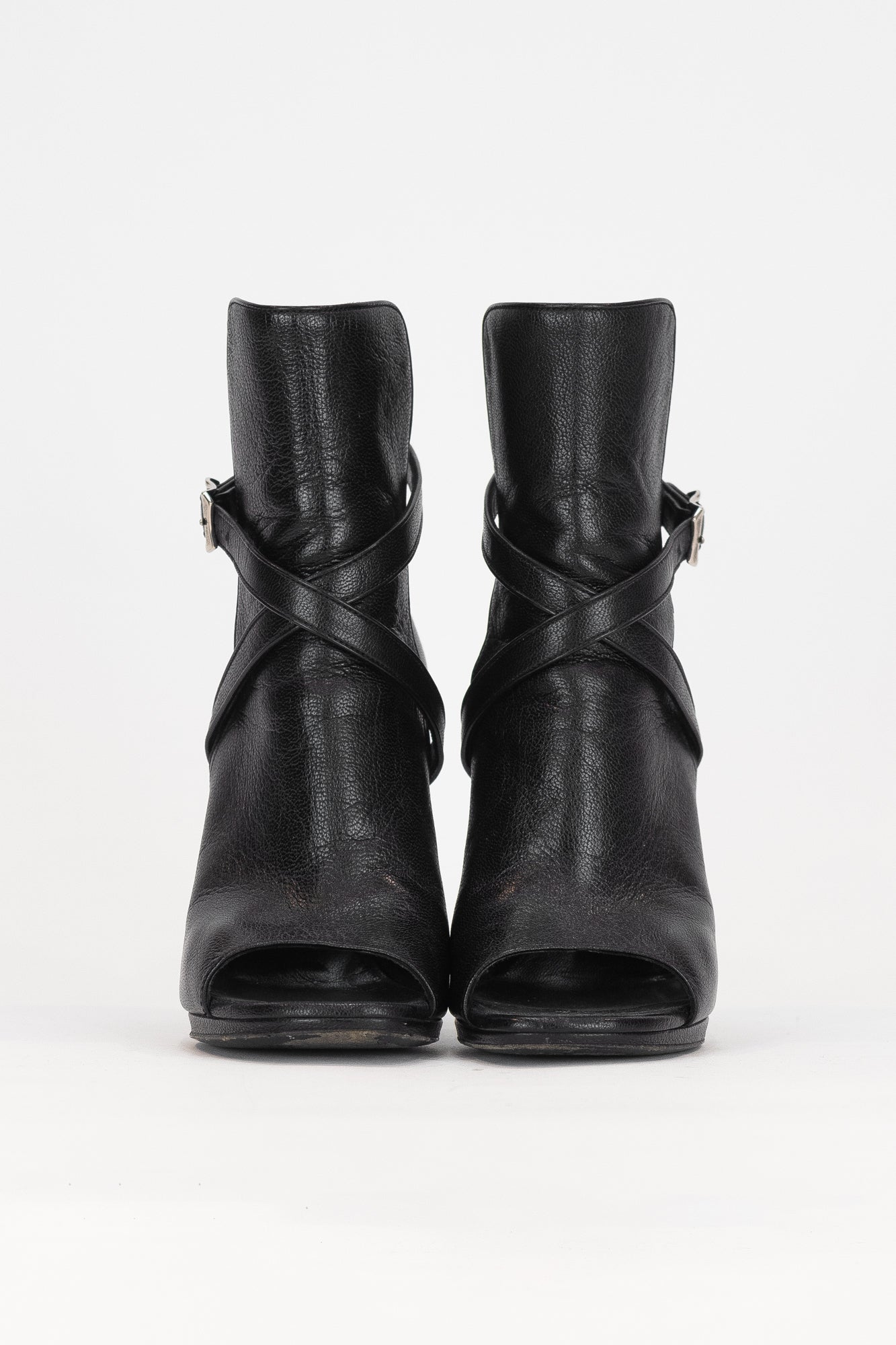 Black Leather Ankle Wrap Buckle Open Toe Boots