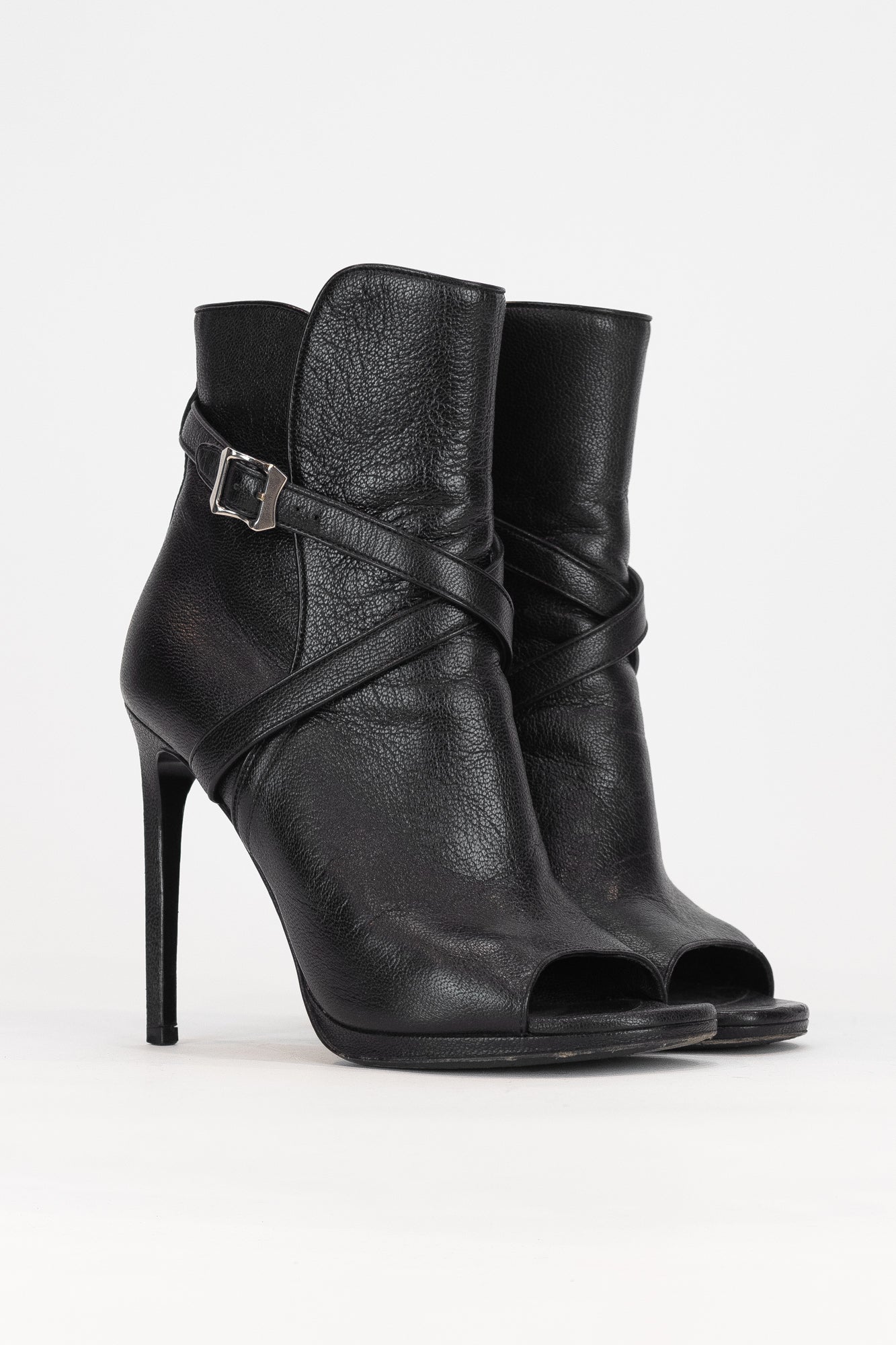 Black Leather Ankle Wrap Buckle Open Toe Boots