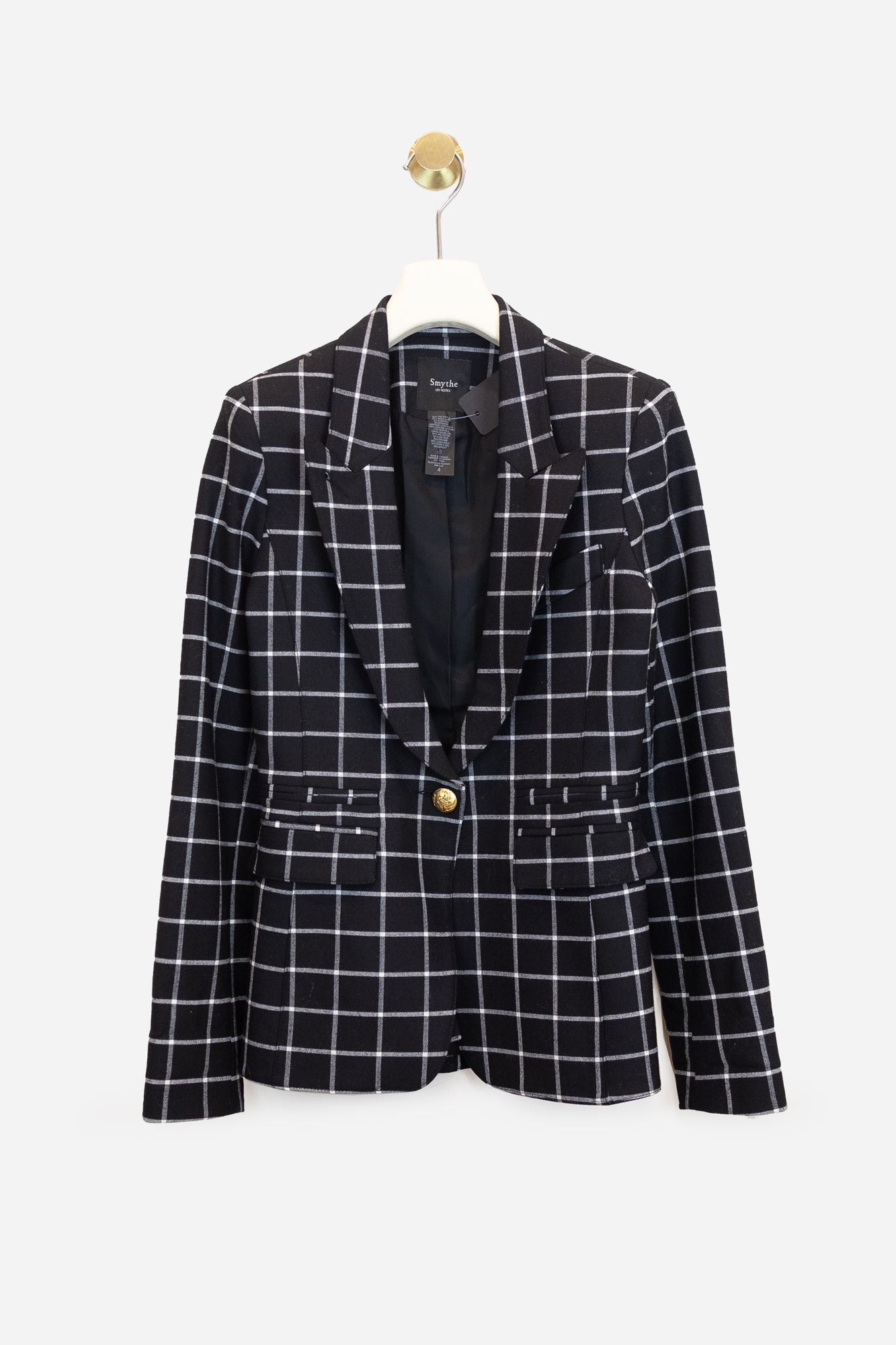 Black And White Plaid Gold Button Blazer Polyester