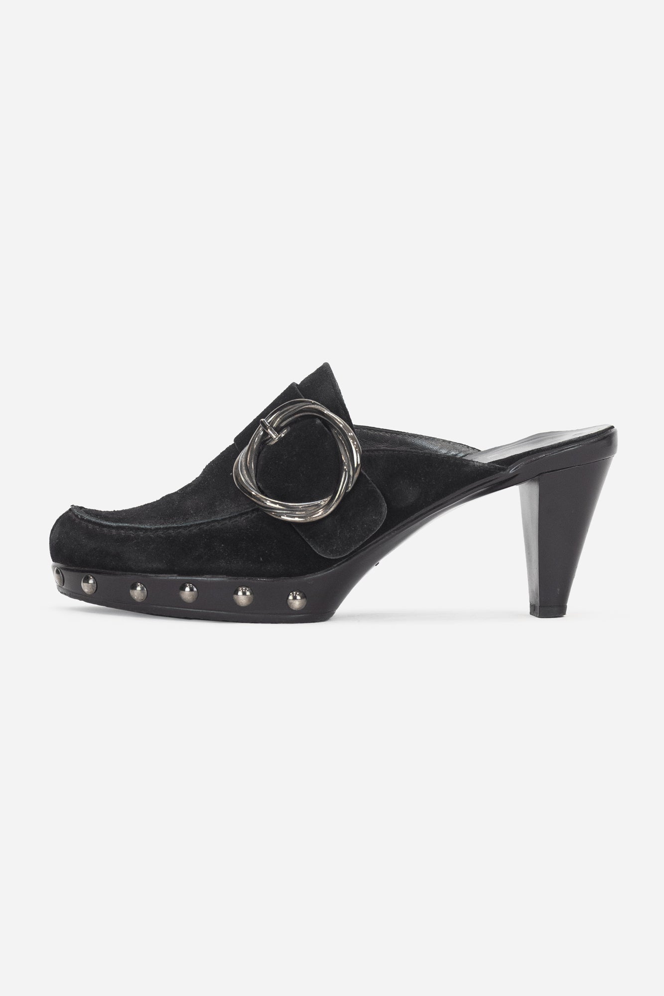 Black Suede Studded Buckle Clogs