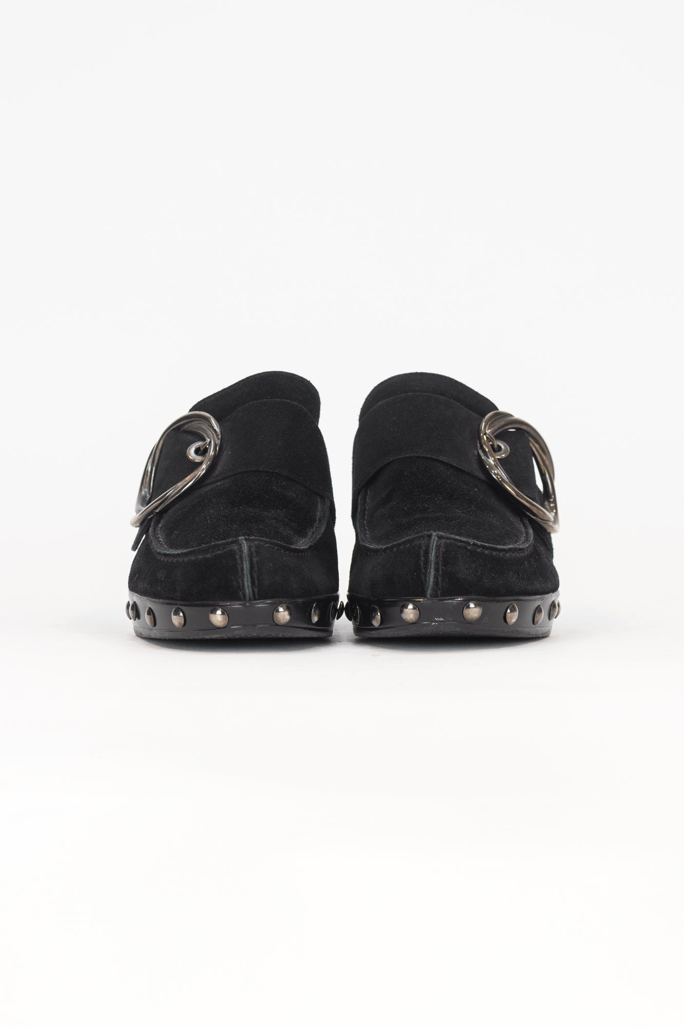 Black Suede Studded Buckle Clogs