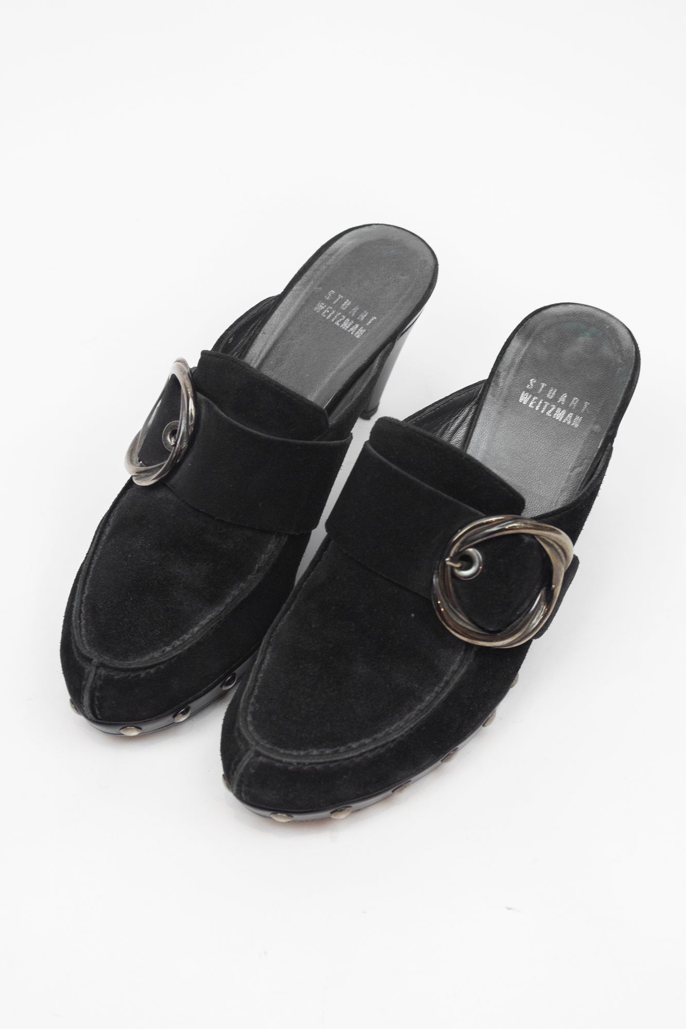 Black Suede Studded Buckle Clogs