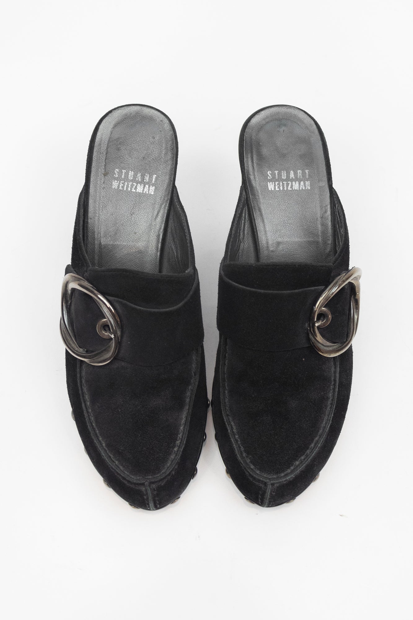 Black Suede Studded Buckle Clogs