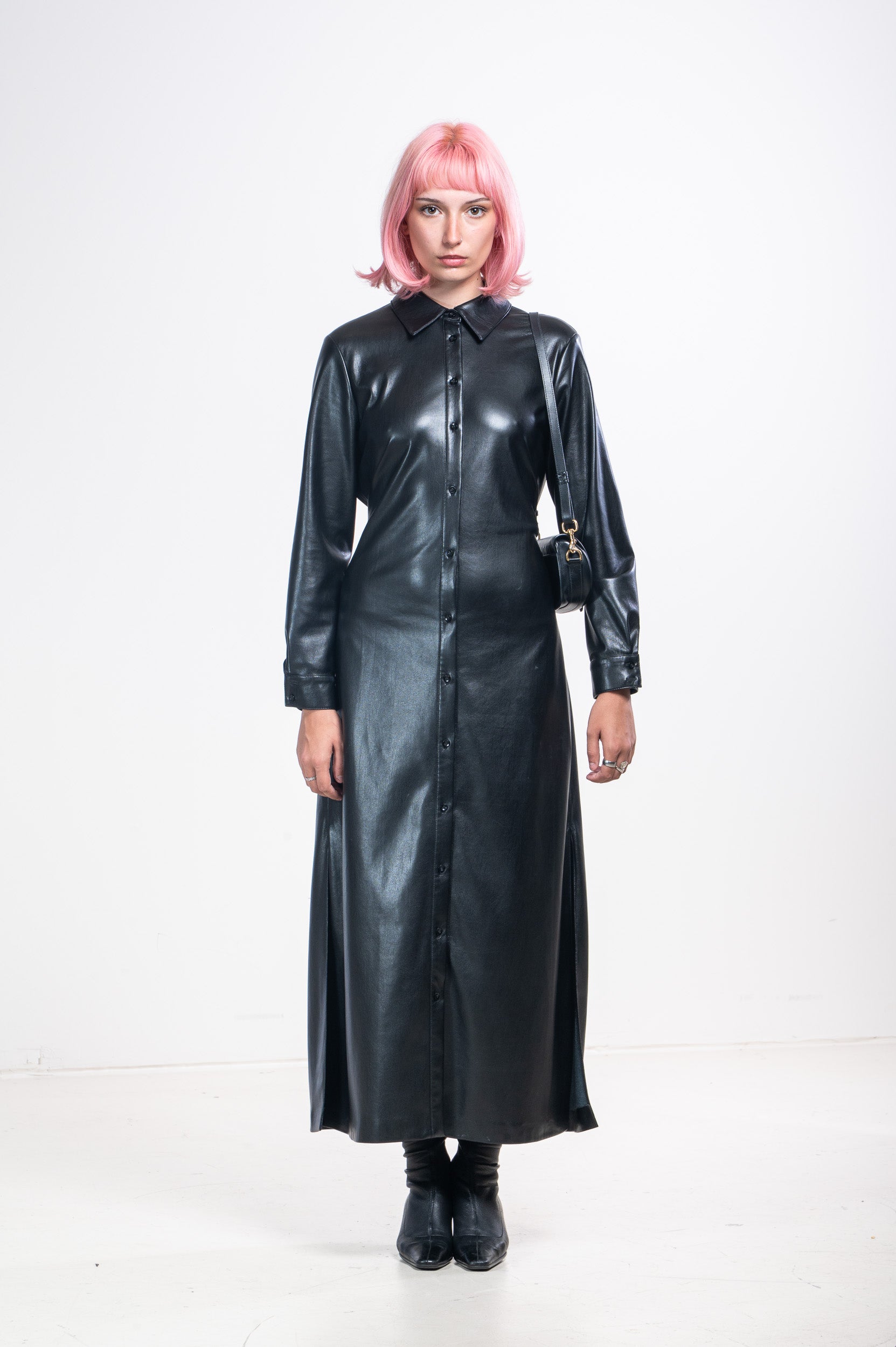 Black Faux Leather Dress with Tie