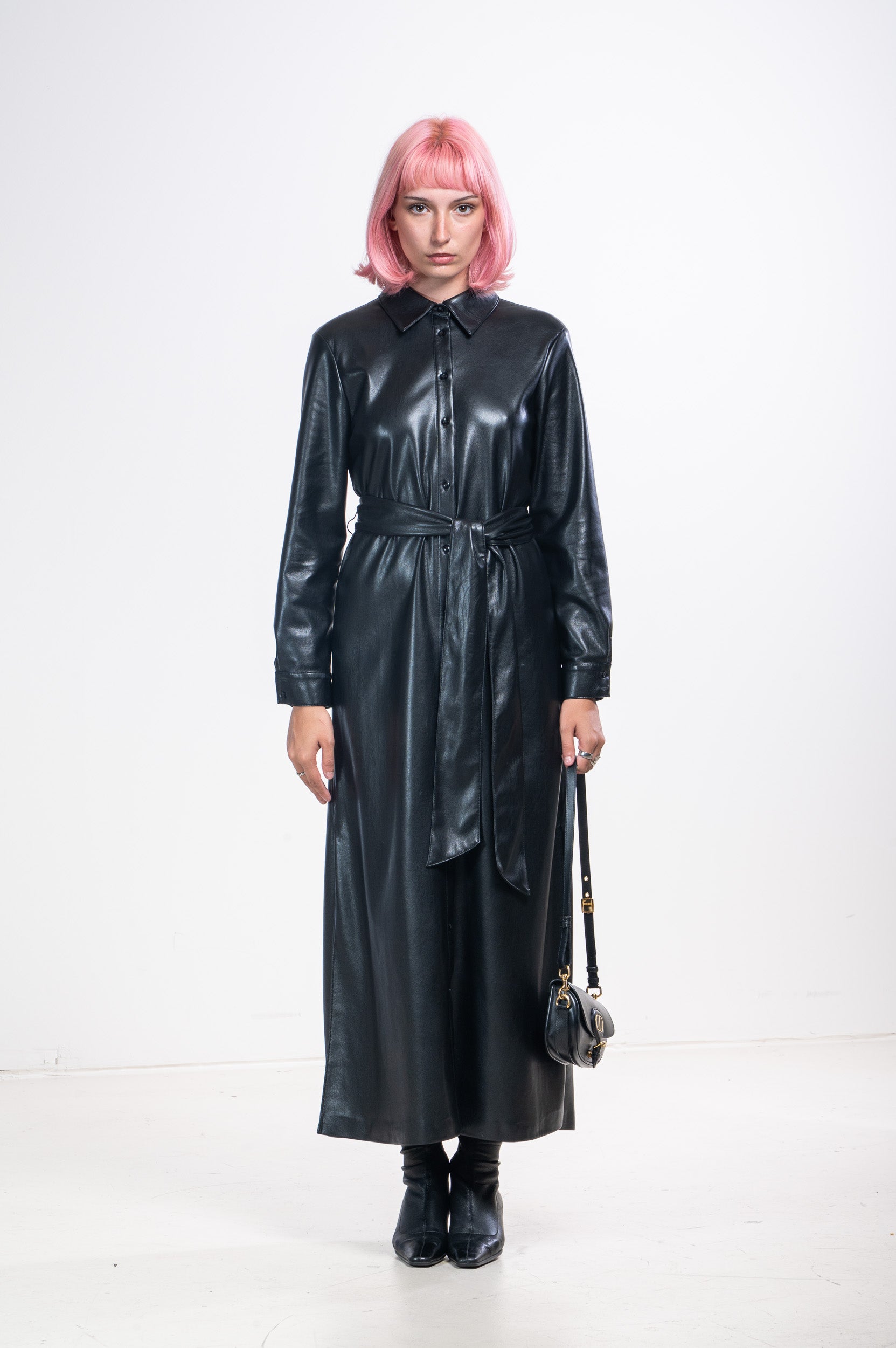 Black Faux Leather Dress with Tie