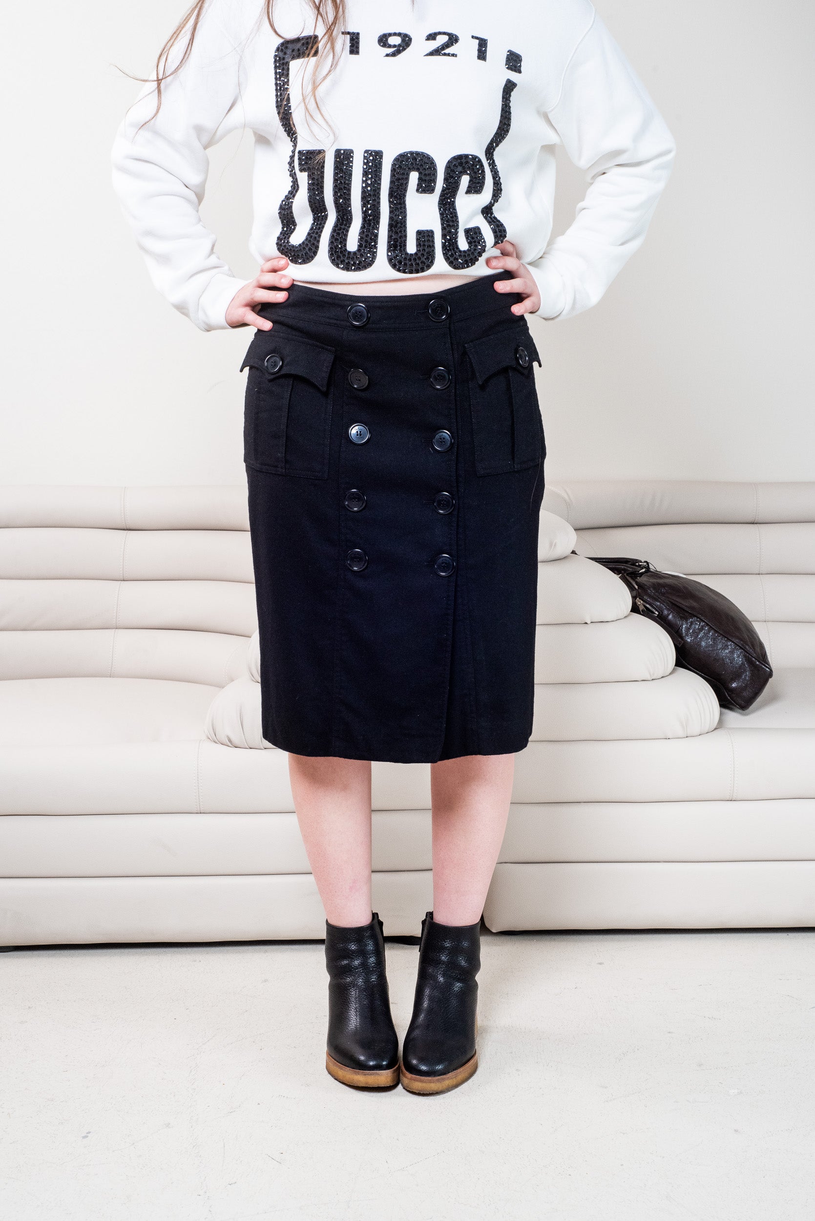 Black Wool Blend Pencil Skirt w/ Pockets