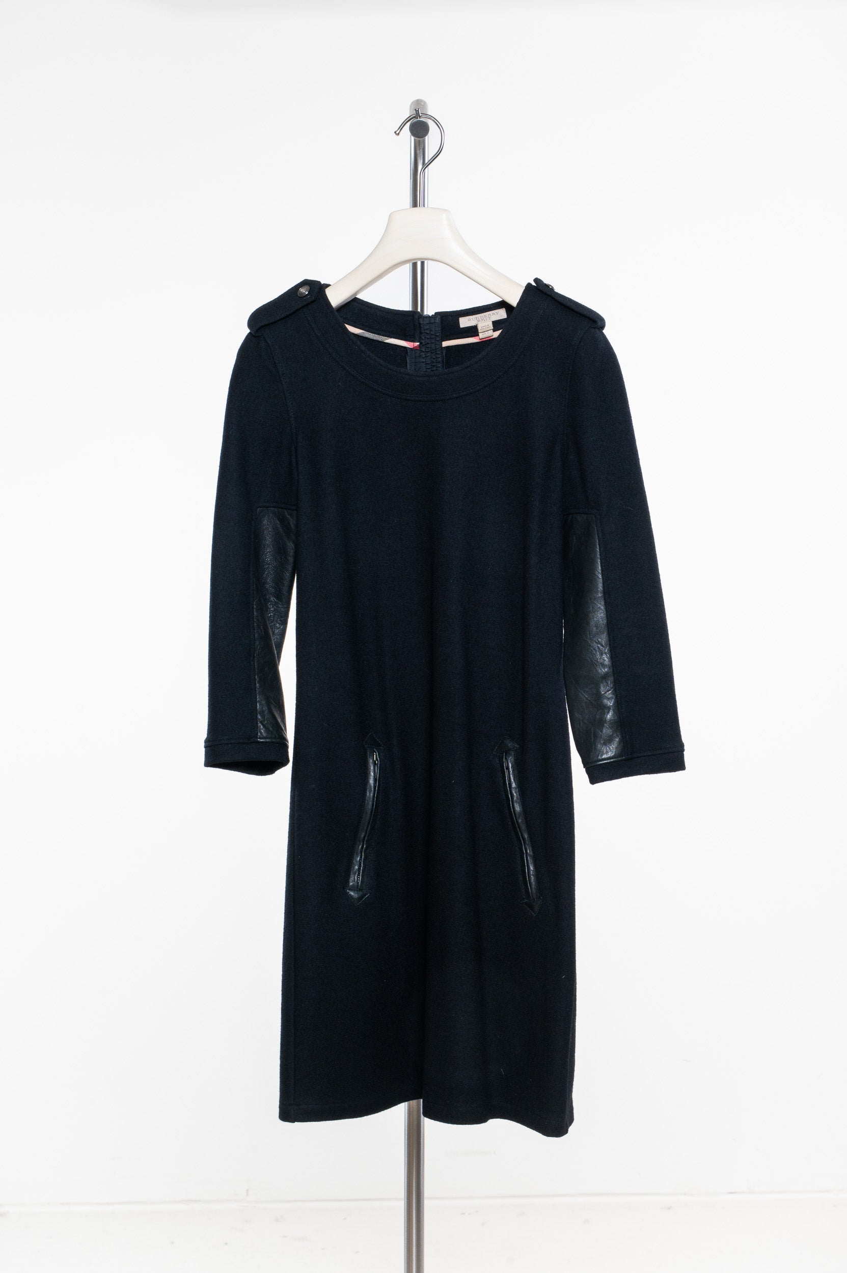 Black Wool Dress with Leather Trims