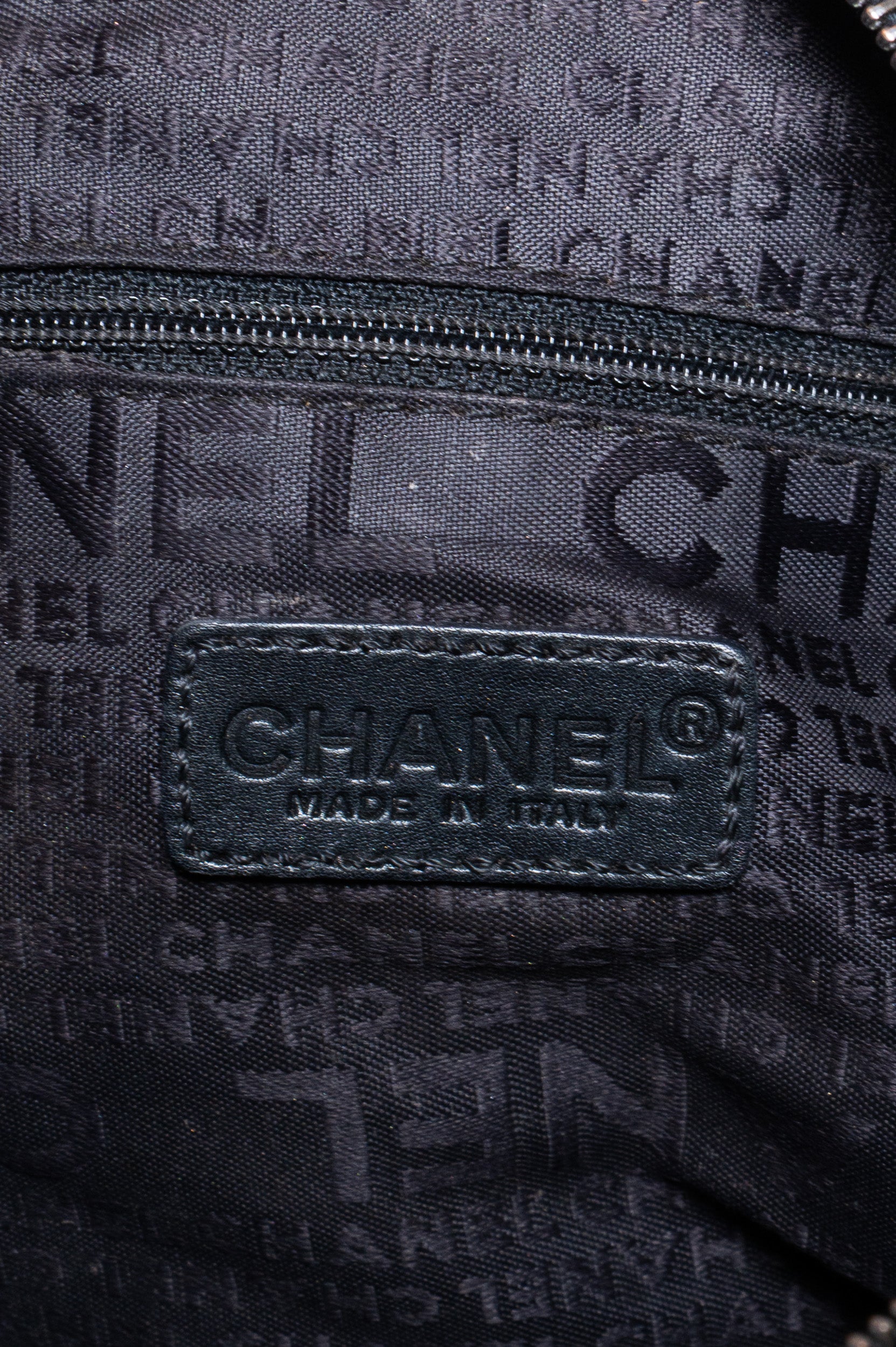 Interior details of Chanel Black Chocolate Bar Small Boston Bag