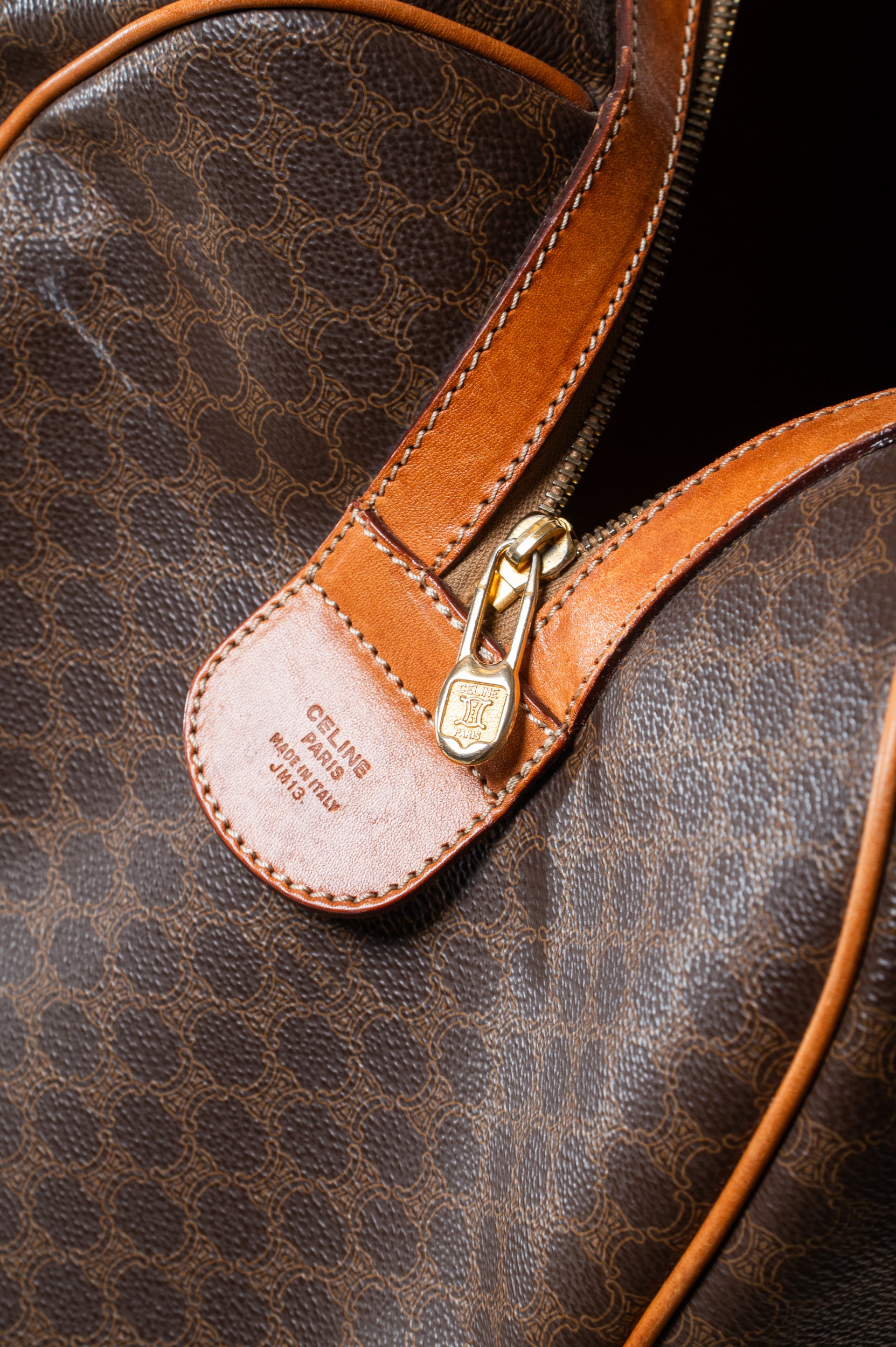 Close-up of the gold hardware on Celine Vintage Brown Medium Boston Bag