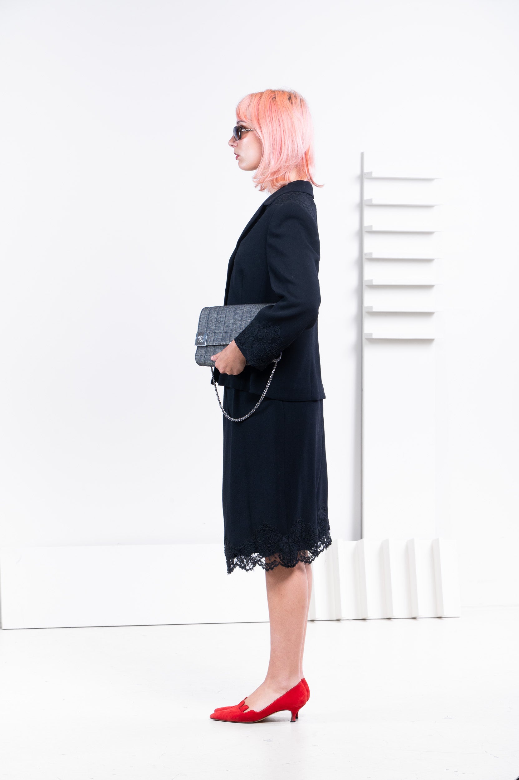 Black Wool Skirt with Lace Detailing
