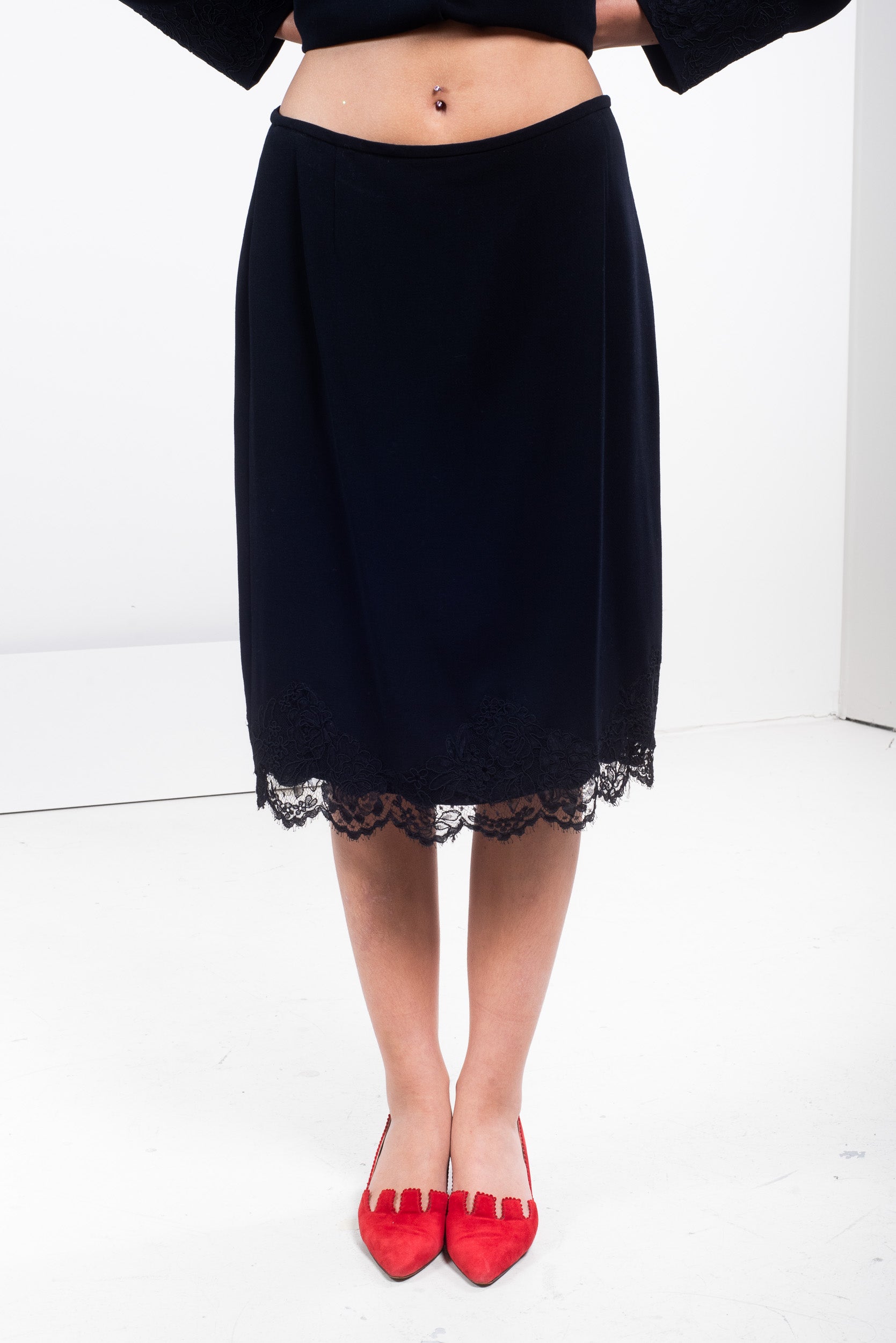 Black Wool Skirt with Lace Detailing