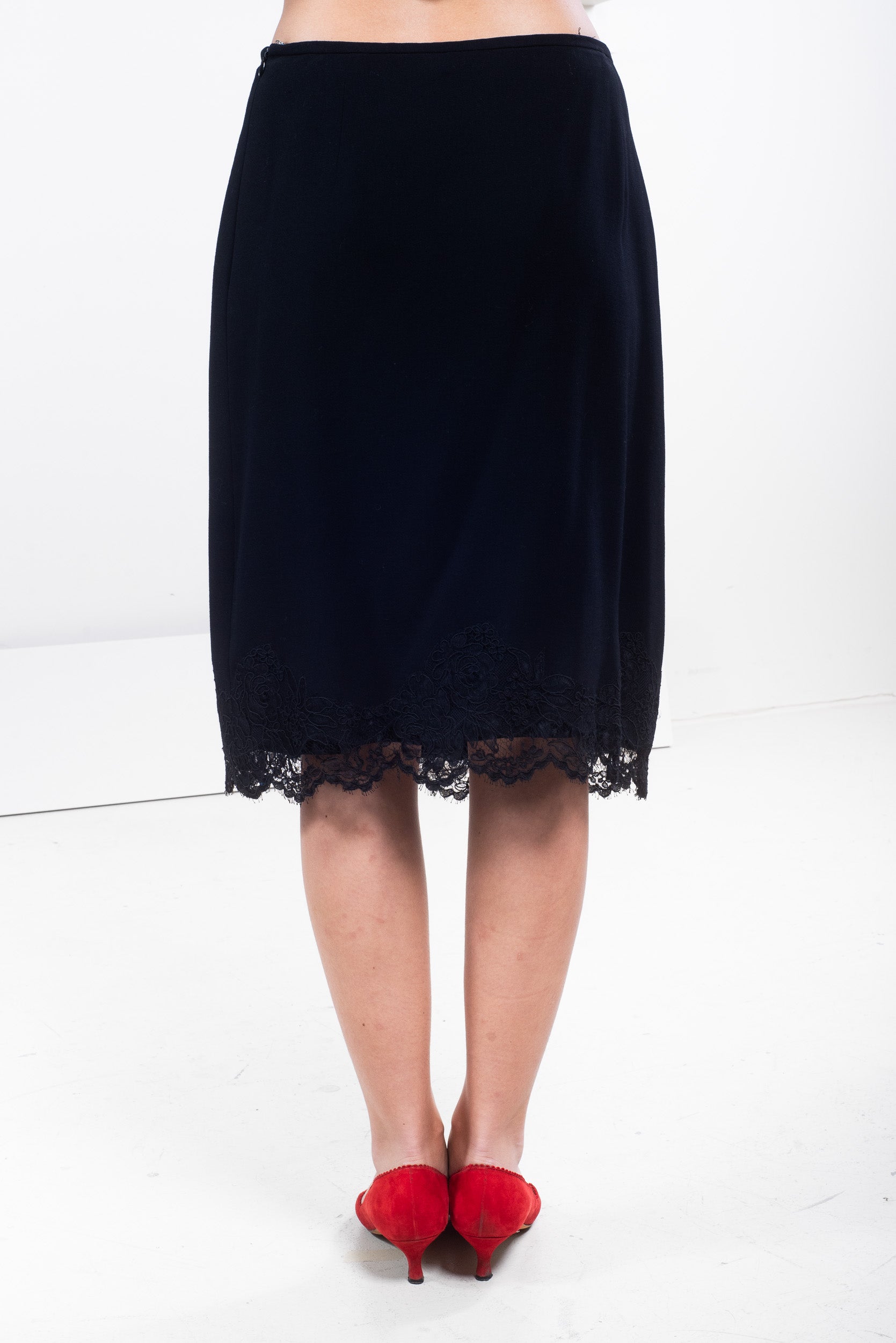 Black Wool Skirt with Lace Detailing