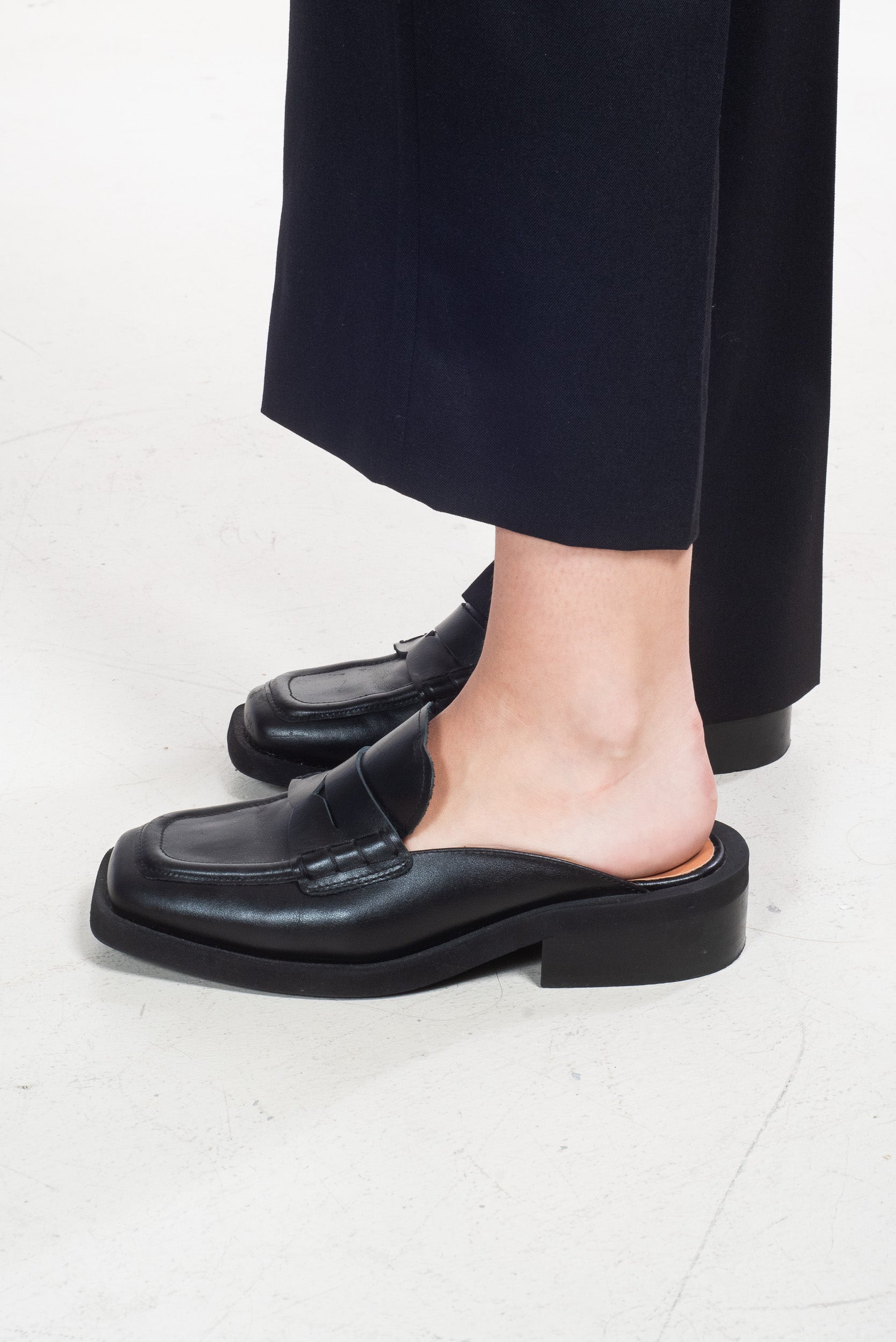 Black Leather Loafer Mules