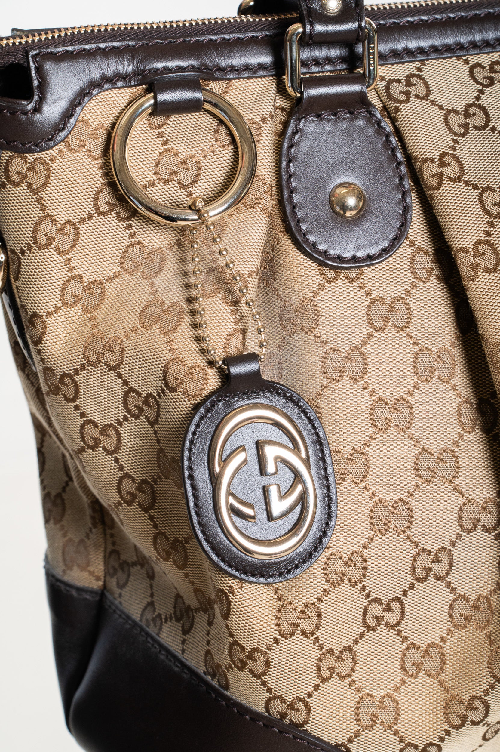 Close-up view of Gucci Dark Brown Canvas Sukey Tote Bag