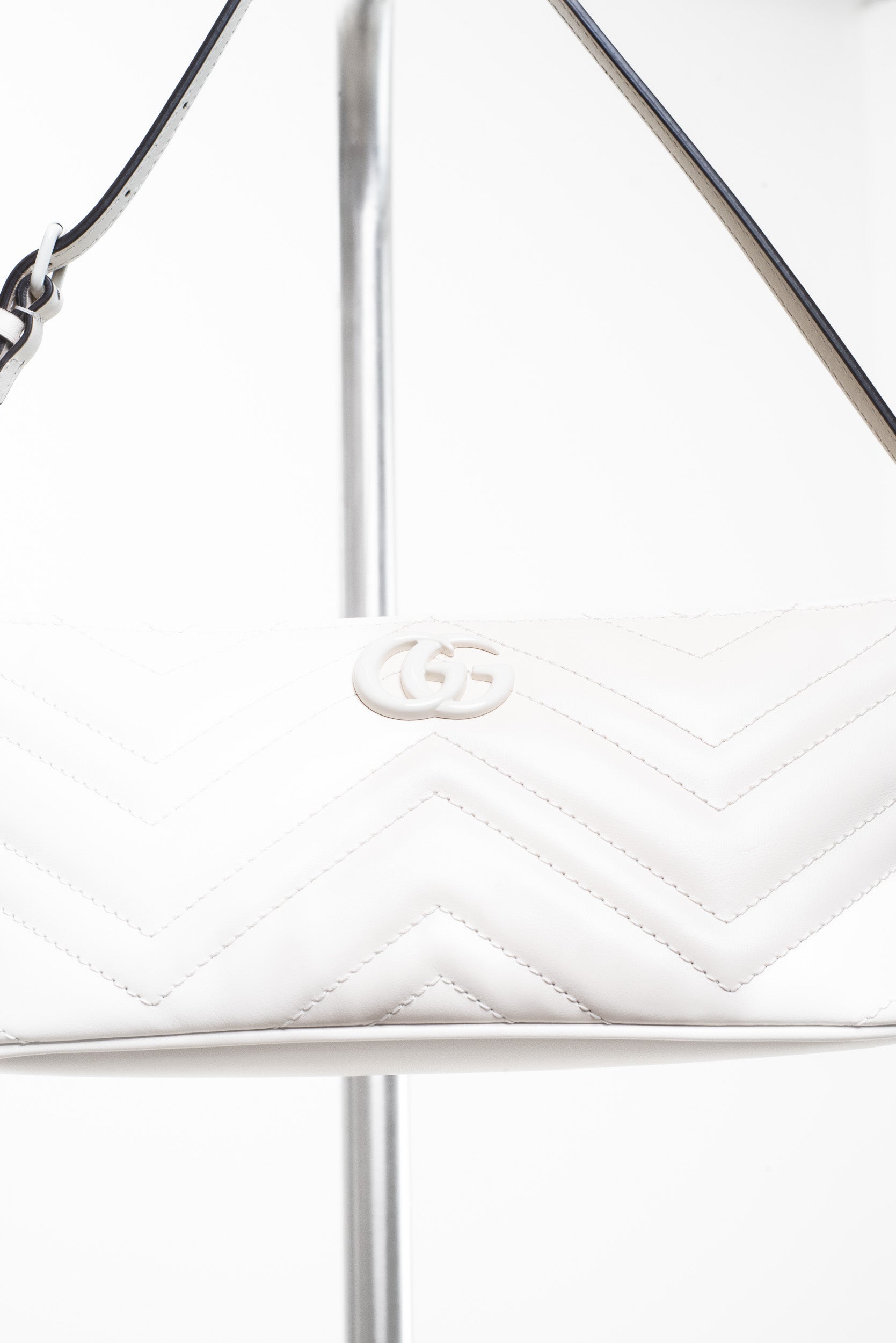 Close-up front view of Gucci Mystic White GG Marmont Leather Chevron Shoulder Bag
