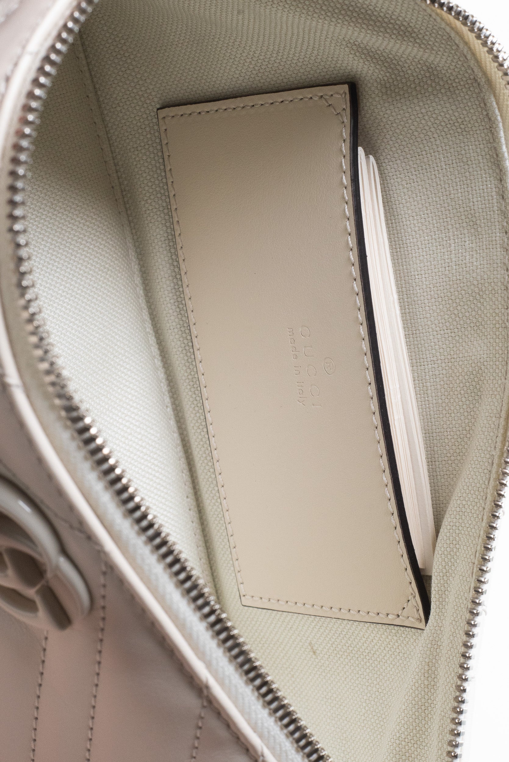 Interior view of Gucci Mystic White GG Marmont Leather Chevron Shoulder Bag