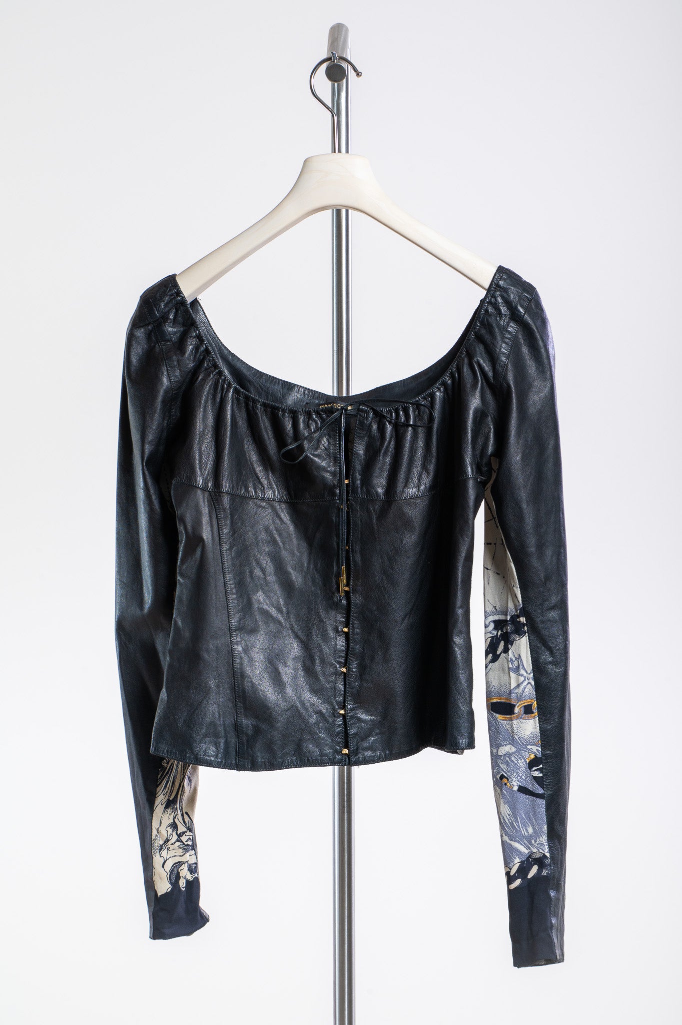 Black Vintage Leather & Silk Bustier Long Sleeve Top