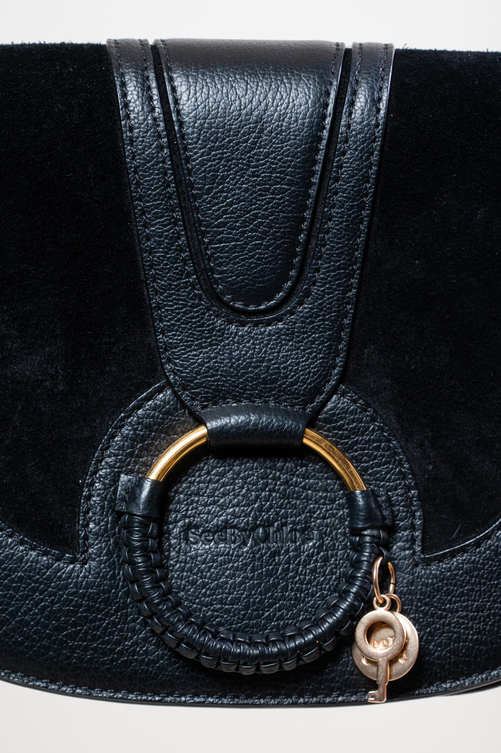 Close-up view of See By Chloe Black Hana Suede & Leather Shoulder Crossbody Bag