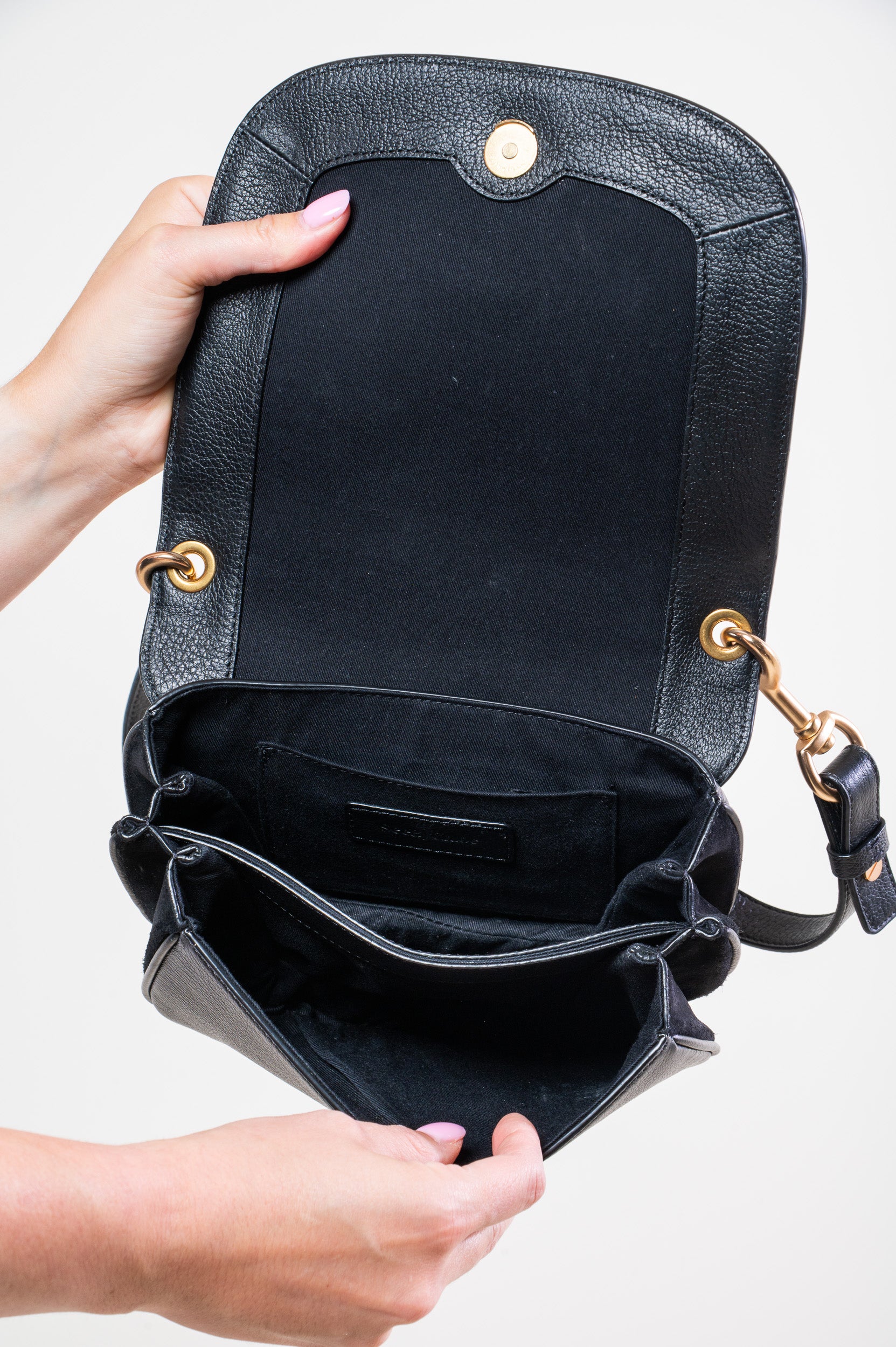 Interior view of See By Chloe Black Hana Suede & Leather Shoulder Crossbody Bag