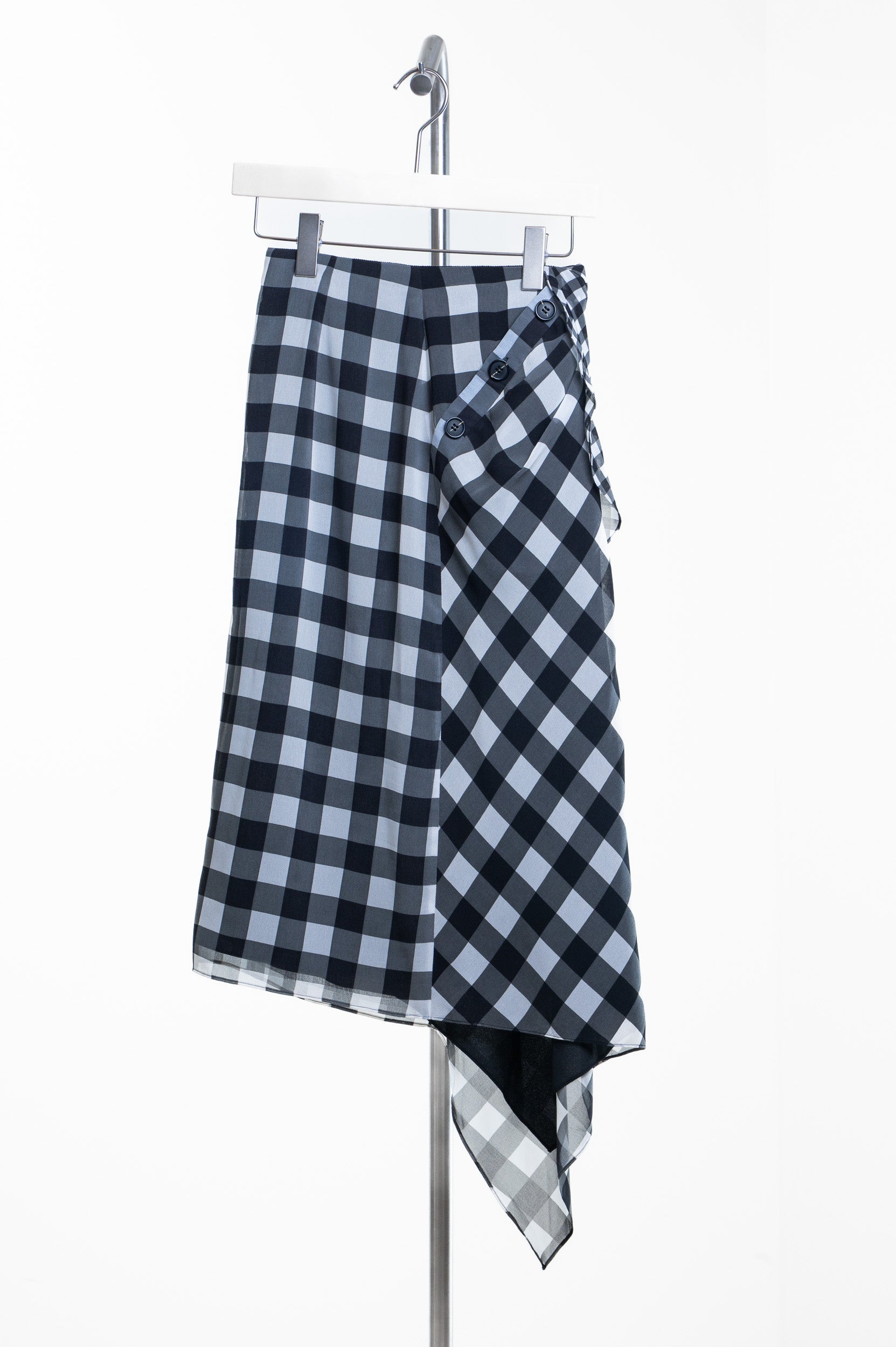 Asymmetric Draped Gingham Midi Skirt