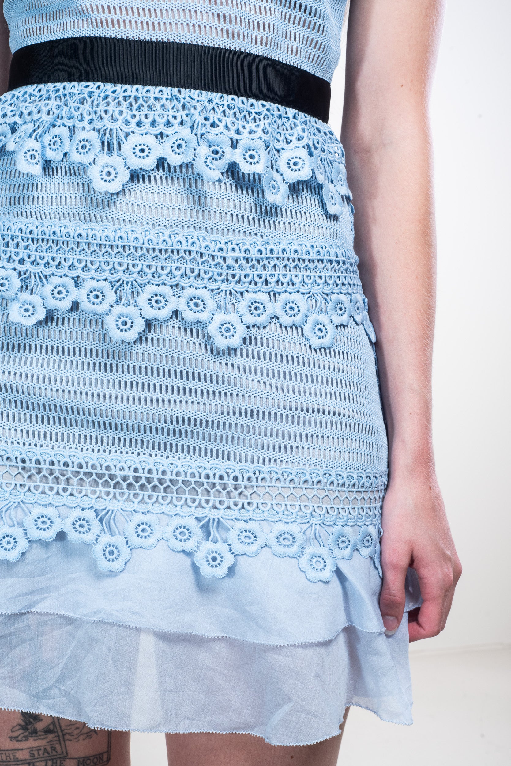 Close-up view of Self-Portrait Pale Blue Petunia Mini Dress