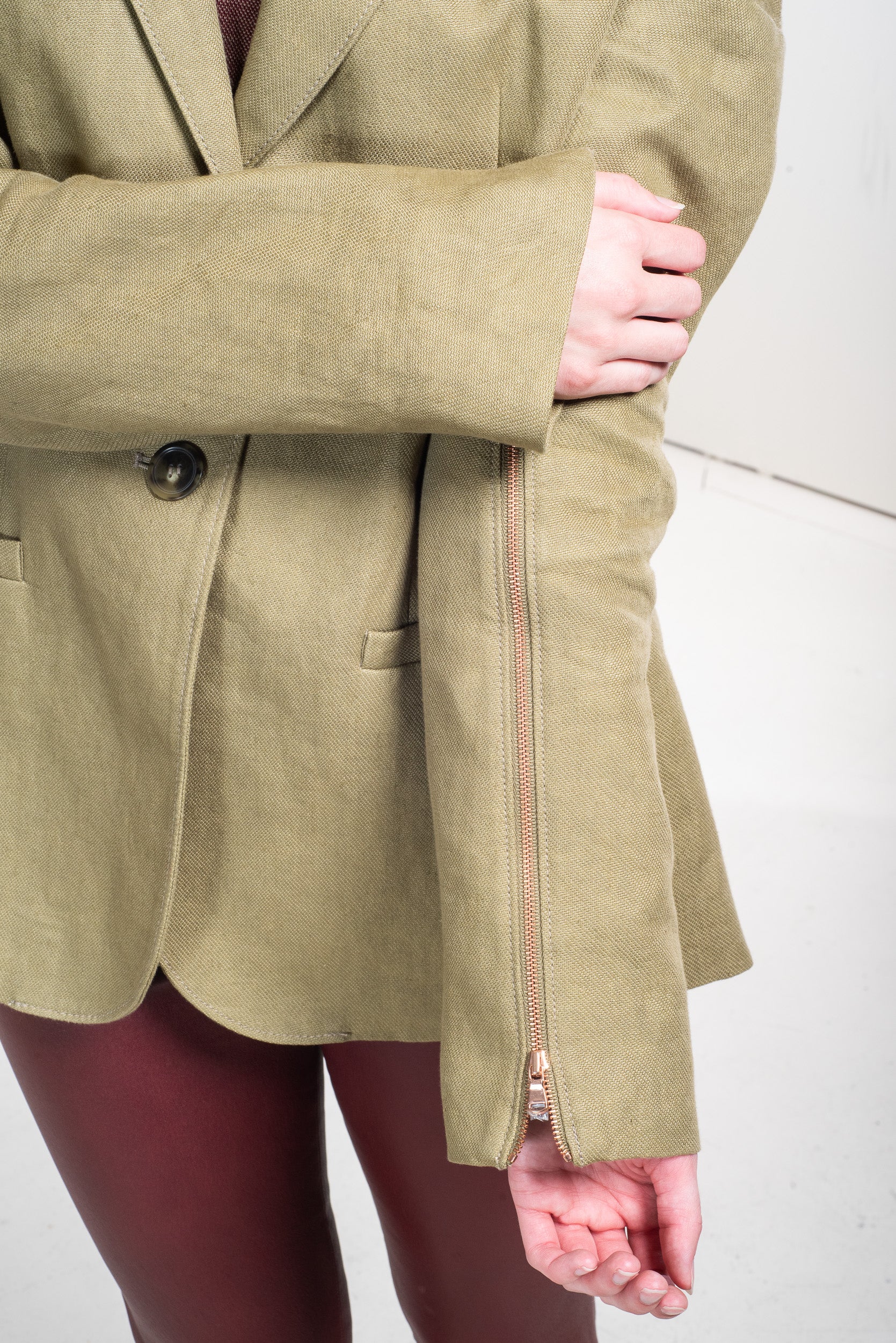 Green Linen Blazer with Zippers on Arms