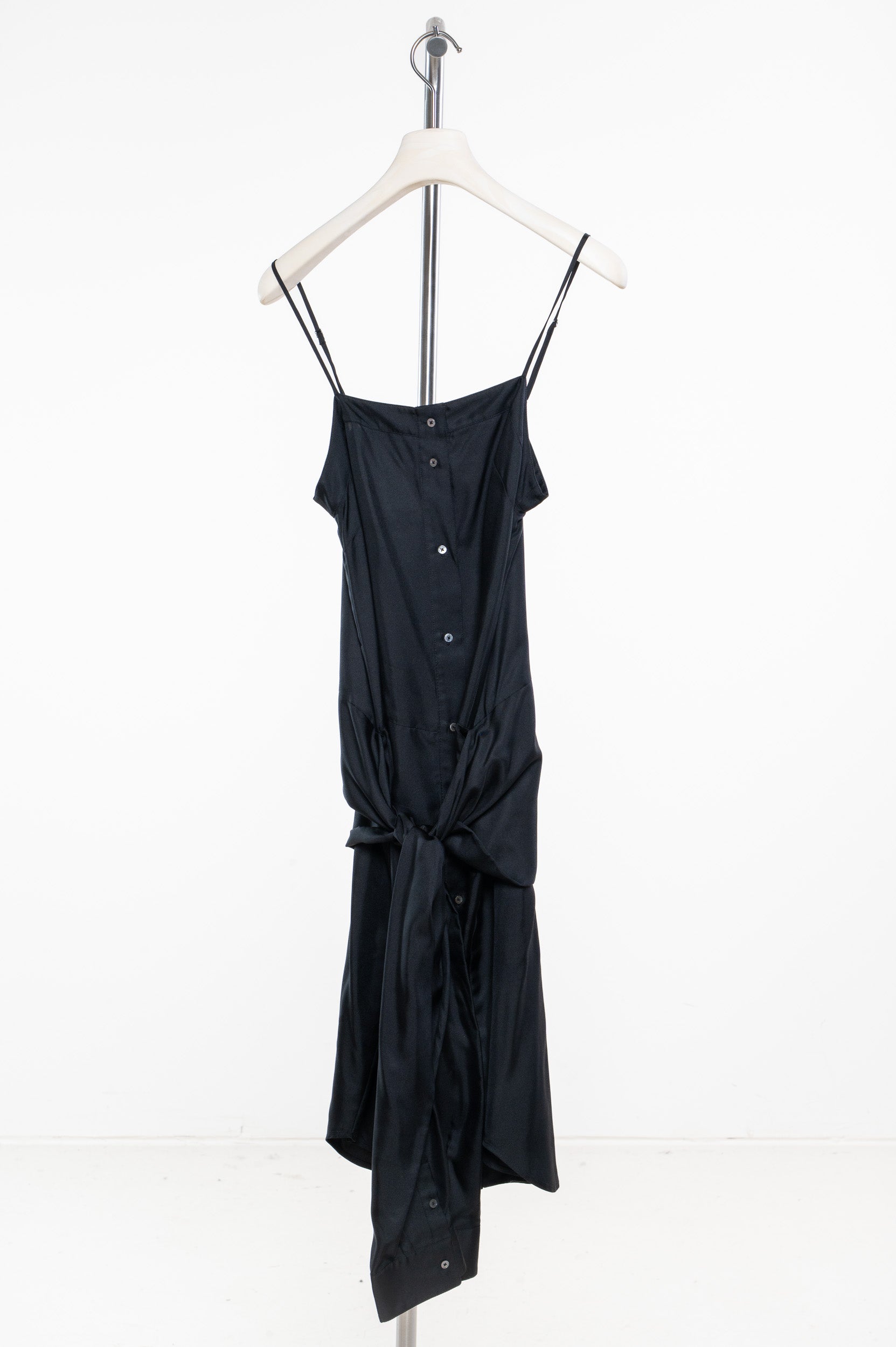 Black Silk Button-Down Wrap Sleeve Dress