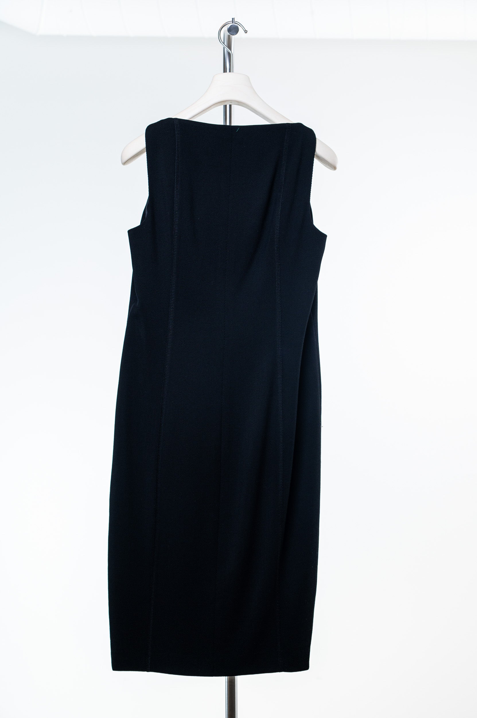 Back view of Akris black wool sleeveless zip-up dress