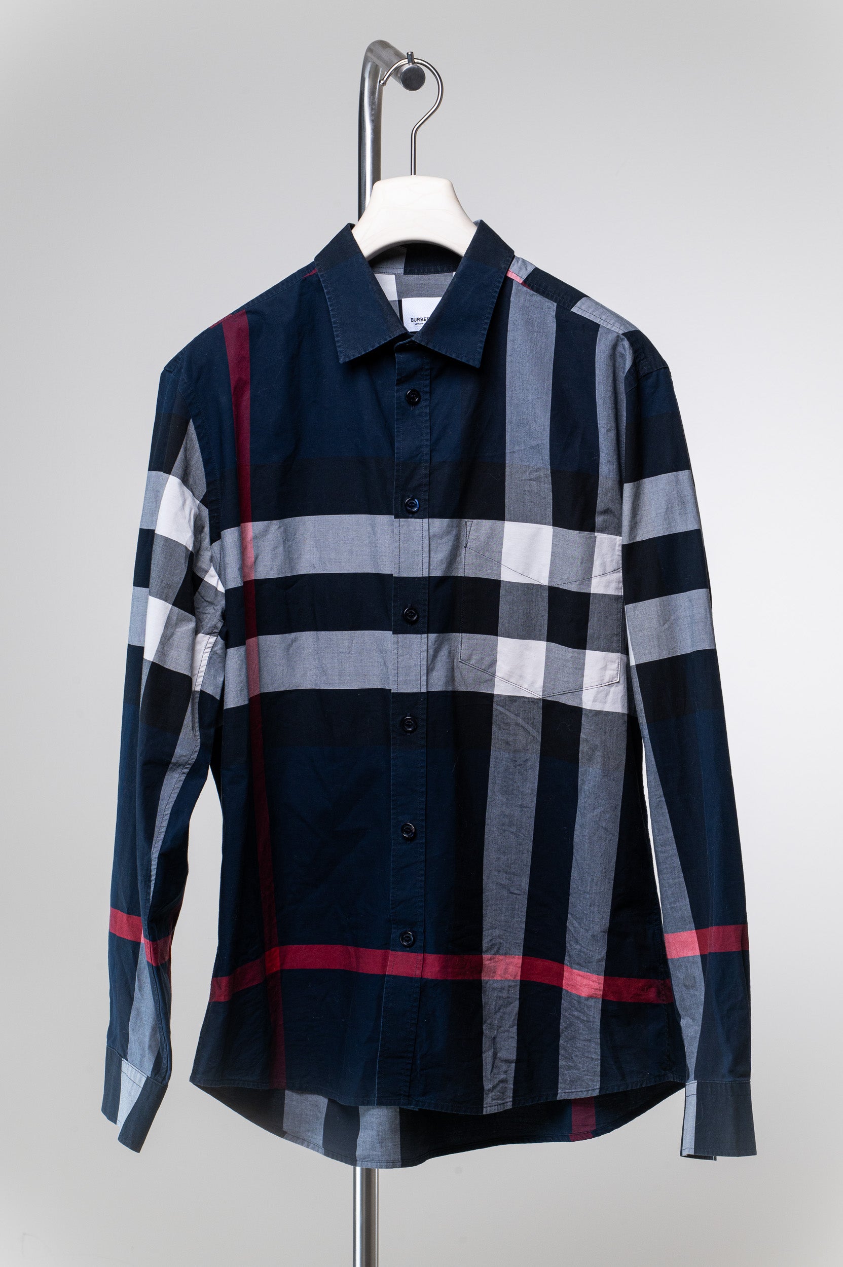 Navy Red and White Plaid Button Up