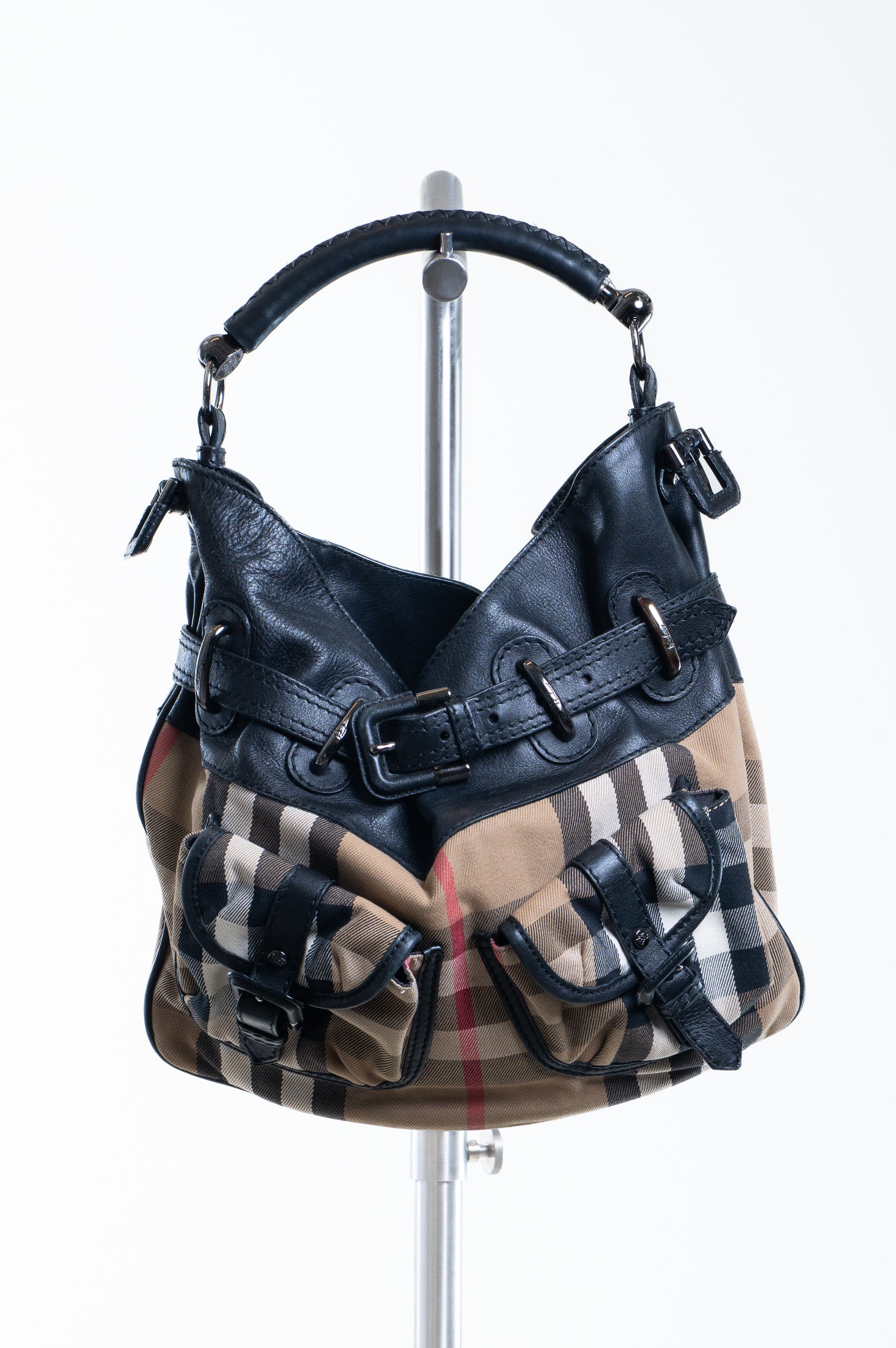 Front view of Burberry Check Canvas Cargo Shoulder Bag with leather trim