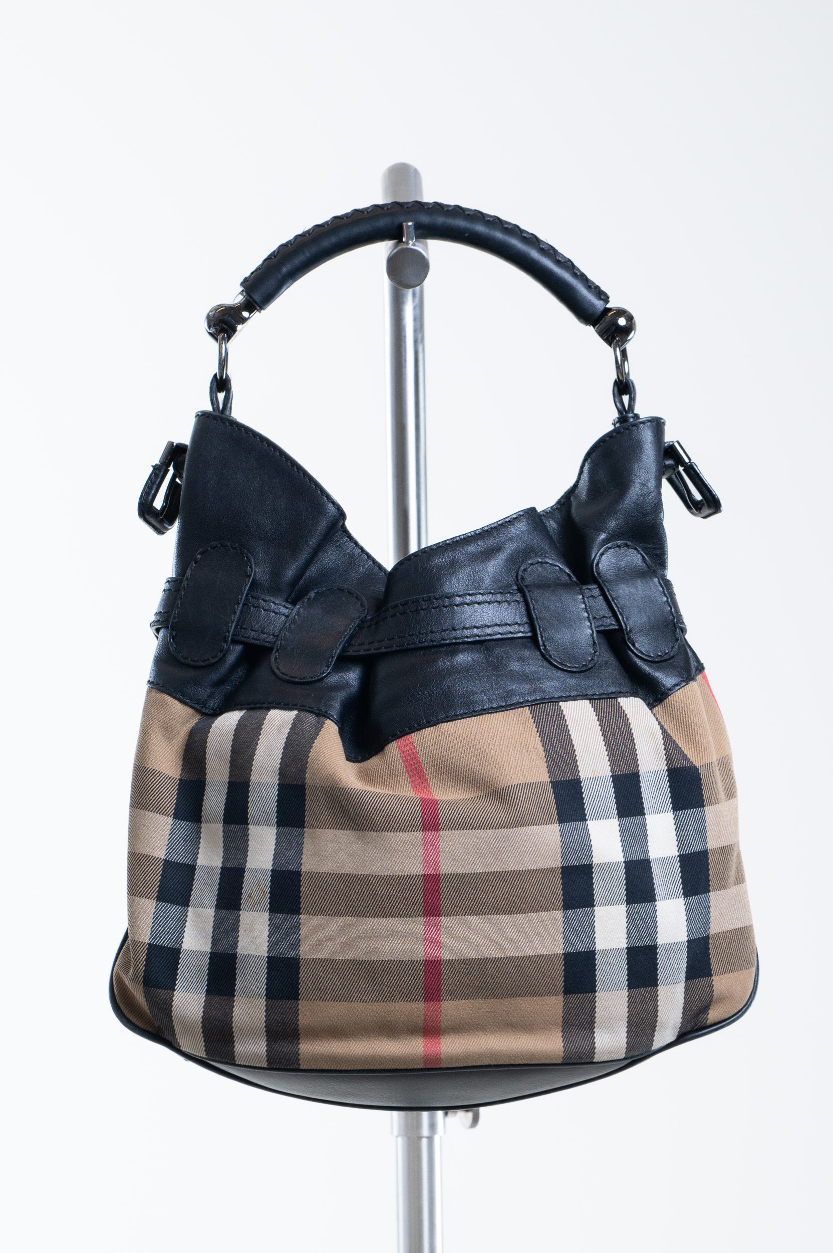 Back view of Burberry Check Canvas Cargo Shoulder Bag with leather trim
