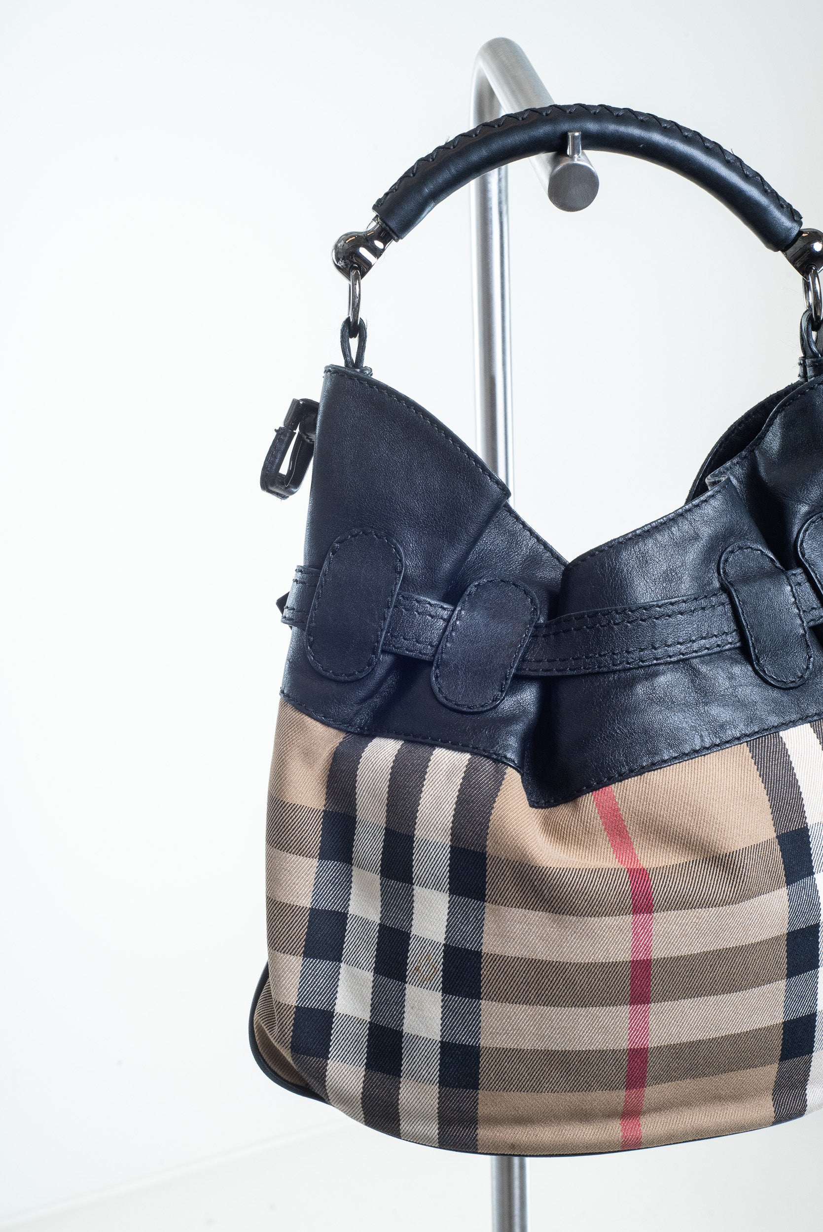 Additional back view of Burberry Check Canvas Cargo Shoulder Bag with leather trim