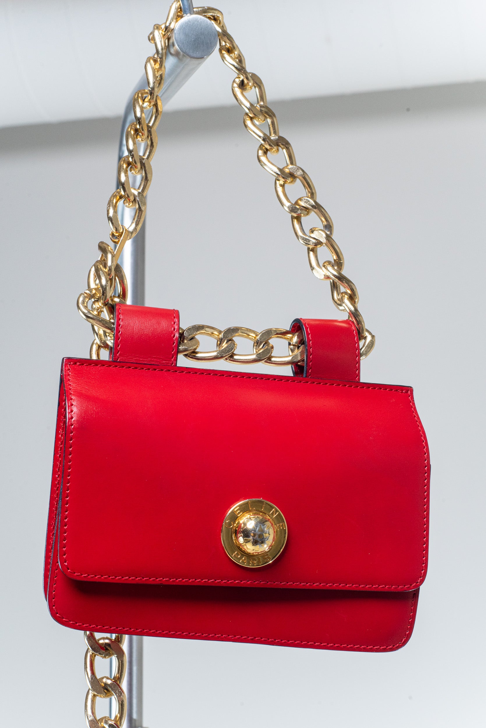 Gold Chain Link Red Leather Belt Purse