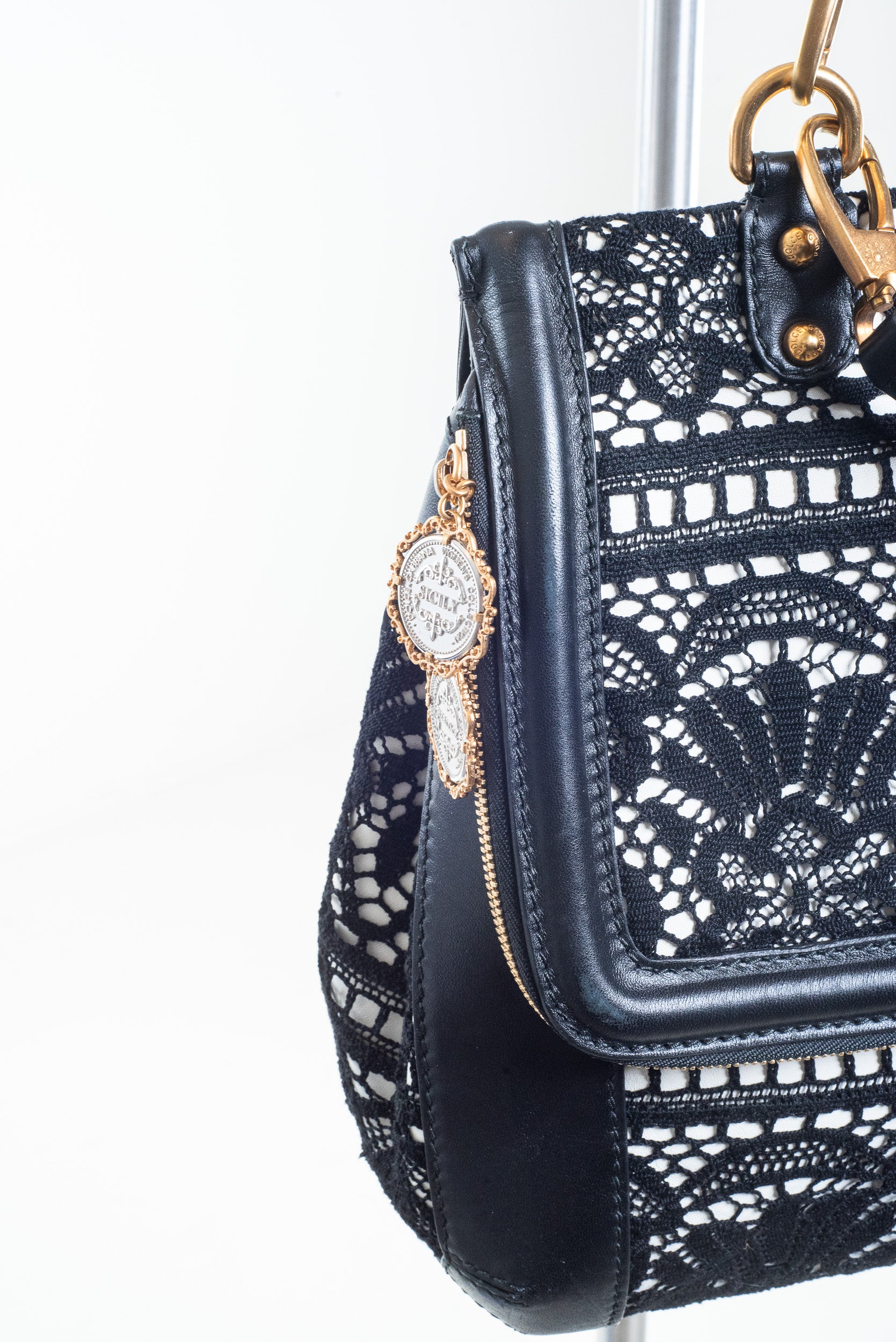 Close-up of lace overlay on Dolce & Gabbana Miss Sicily Bag