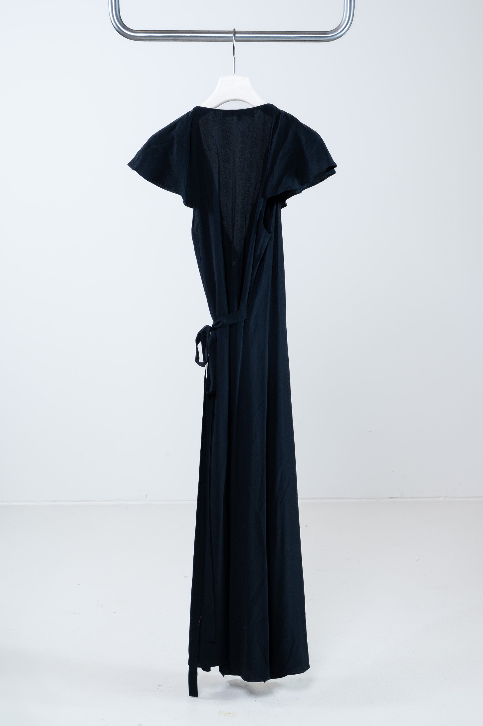 Back view of Diane Von Furstenberg Black Ruffled Sleeve Wrap Maxi Dress