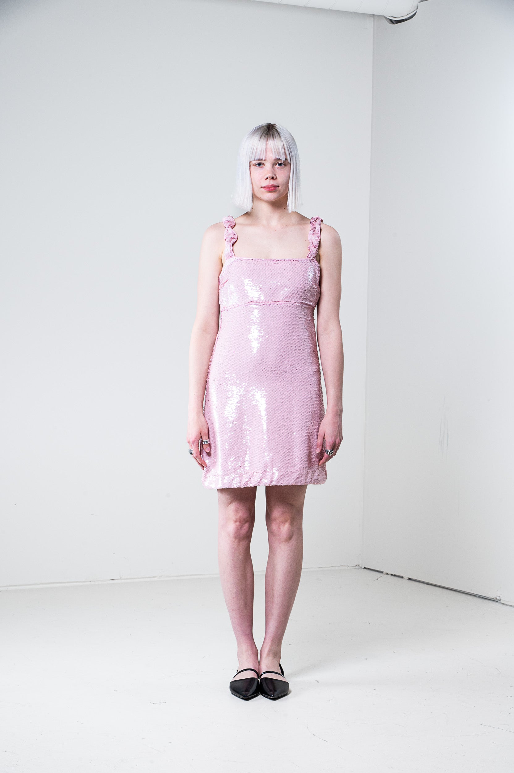 Pink Sequin Mini Dress with Ruffle Straps