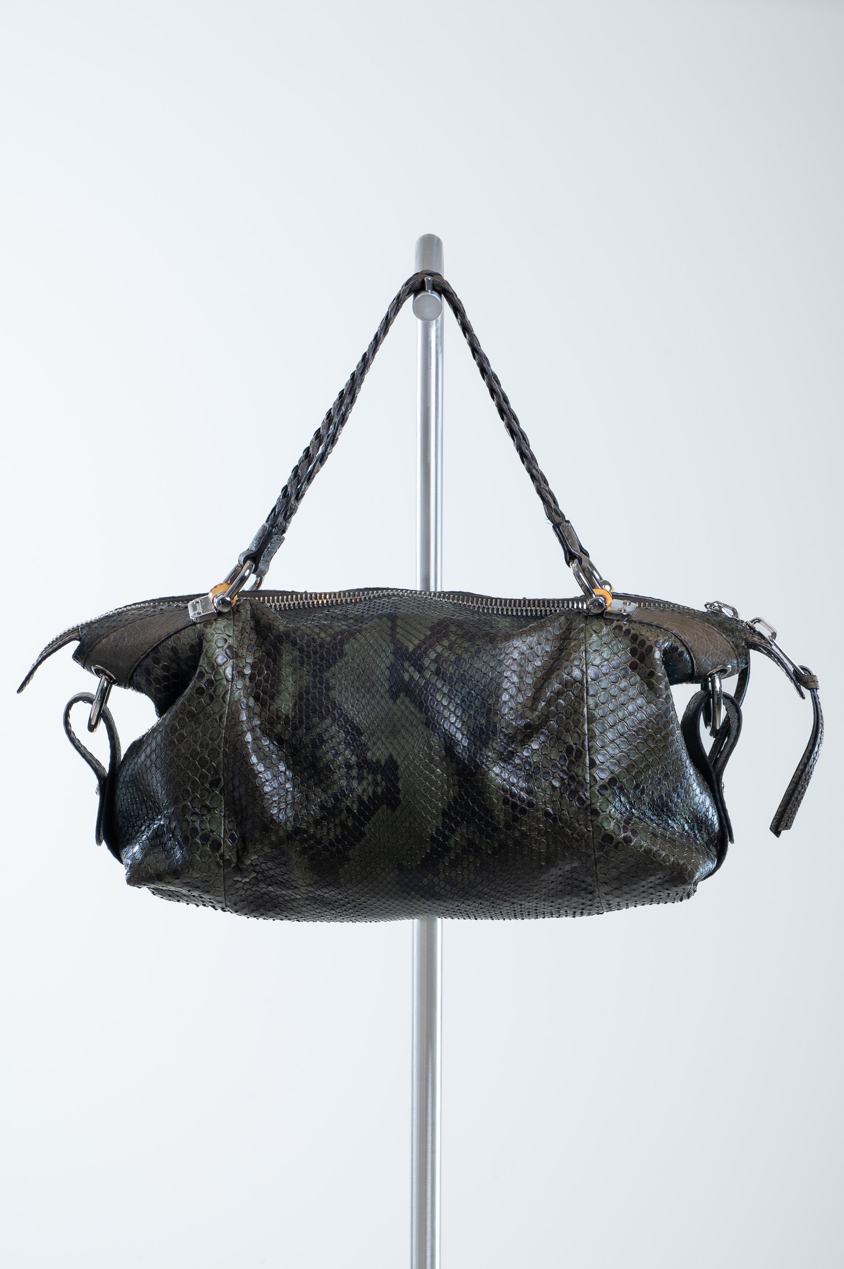 Front view of Gucci Bamboo Bar Python Shoulder Bag with green and black python leather