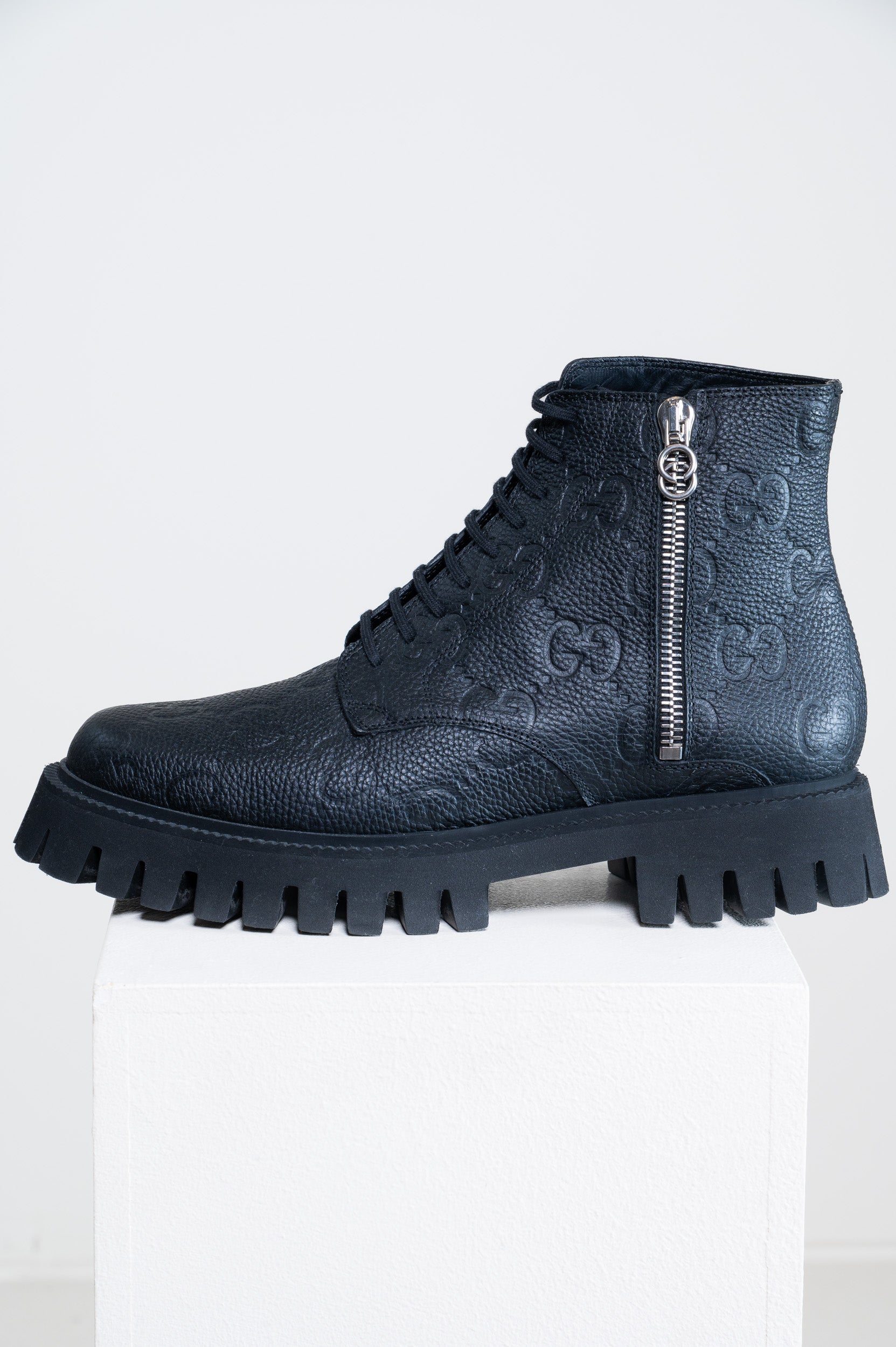 Men's Black Embossed Leather Logo Boots