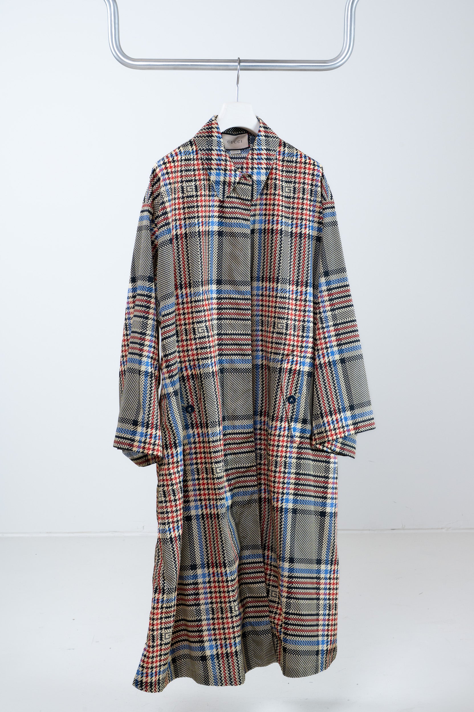 Front view of Gucci GG Nylon Plaid Raincoat with multicolor monogram design