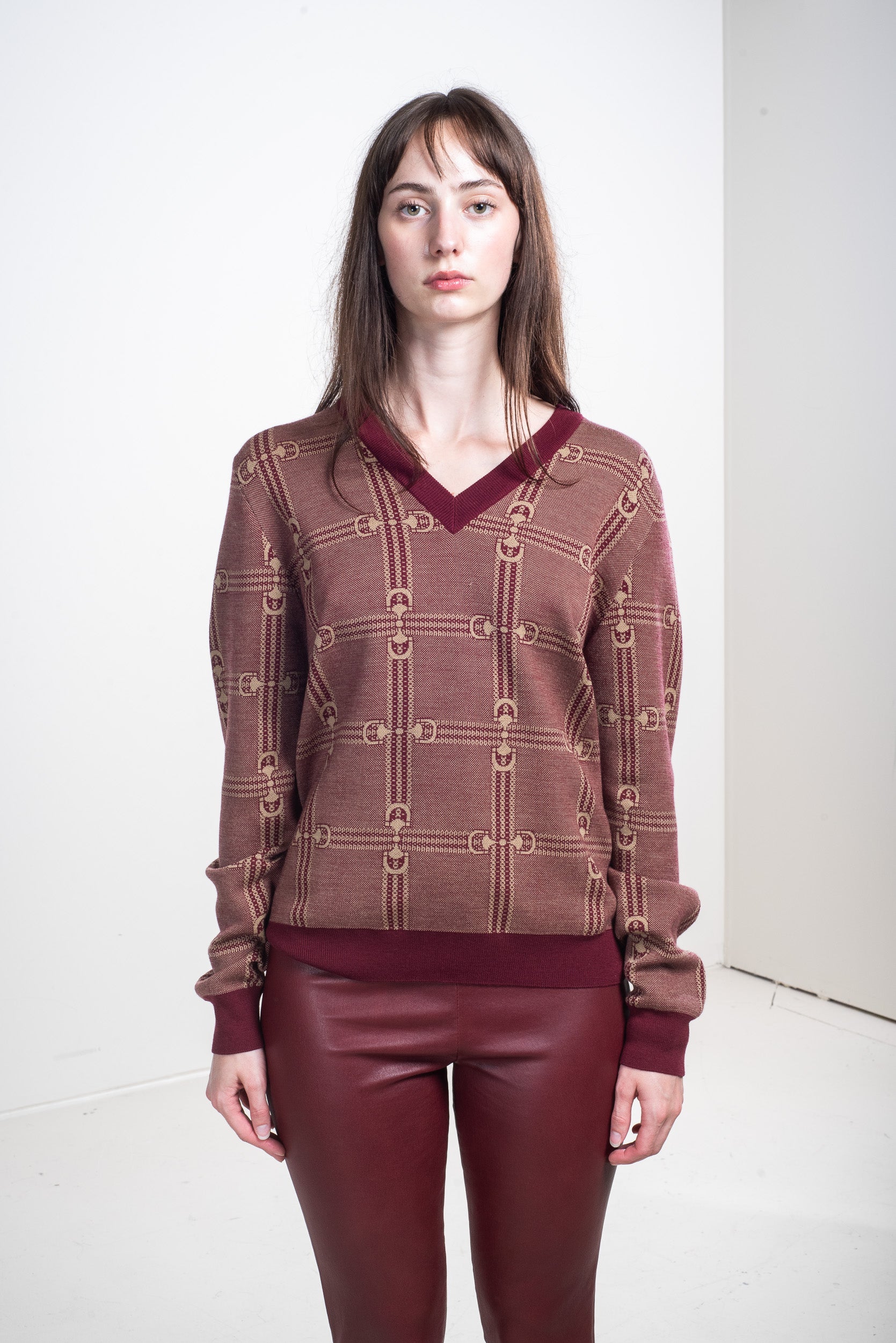 Burgundy Logo Horsebit Vneck pullover