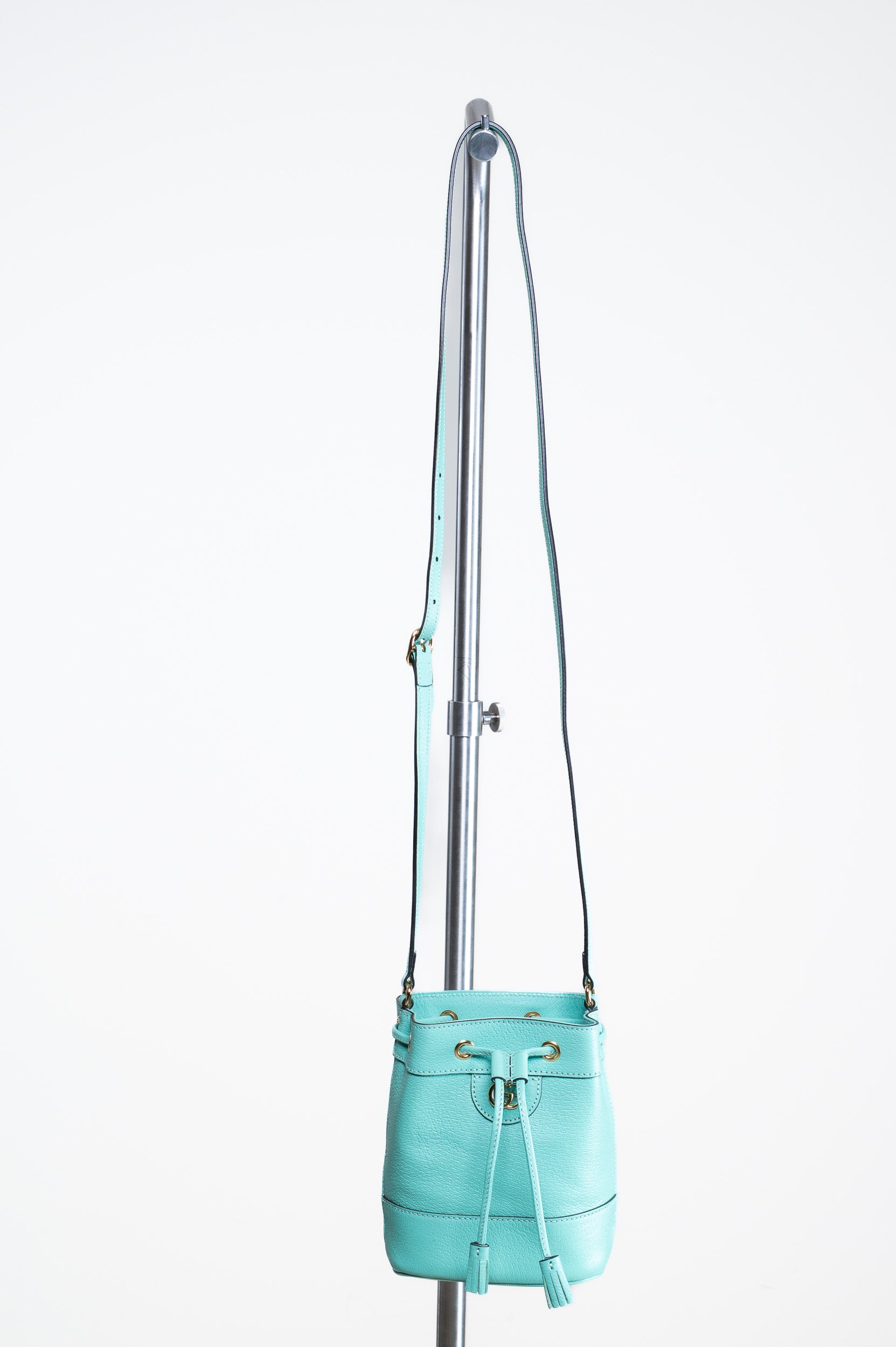 Gucci Green Ophidia Drawstring Bucket Bag in teal leather with gold-tone hardware, front view