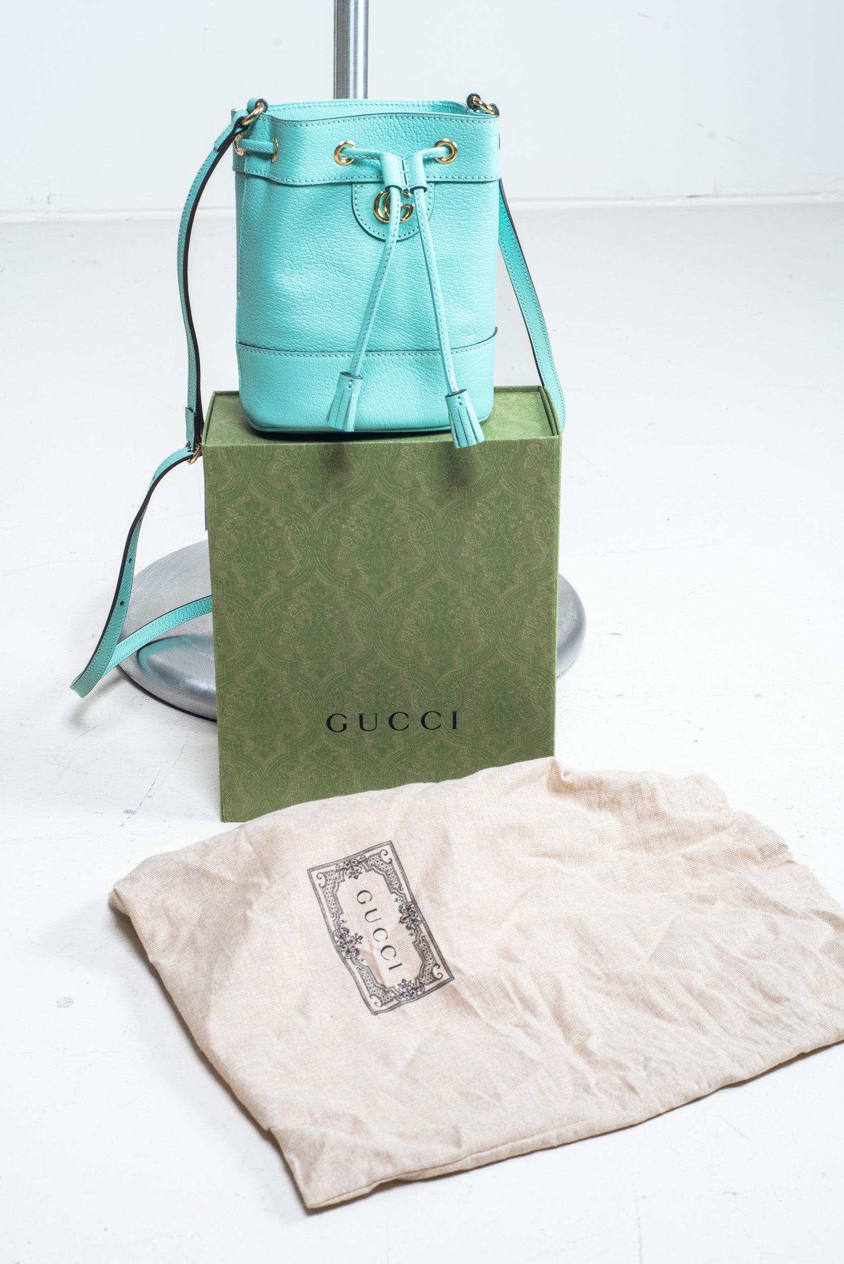 Bag displayed with original Gucci box, and dust bag