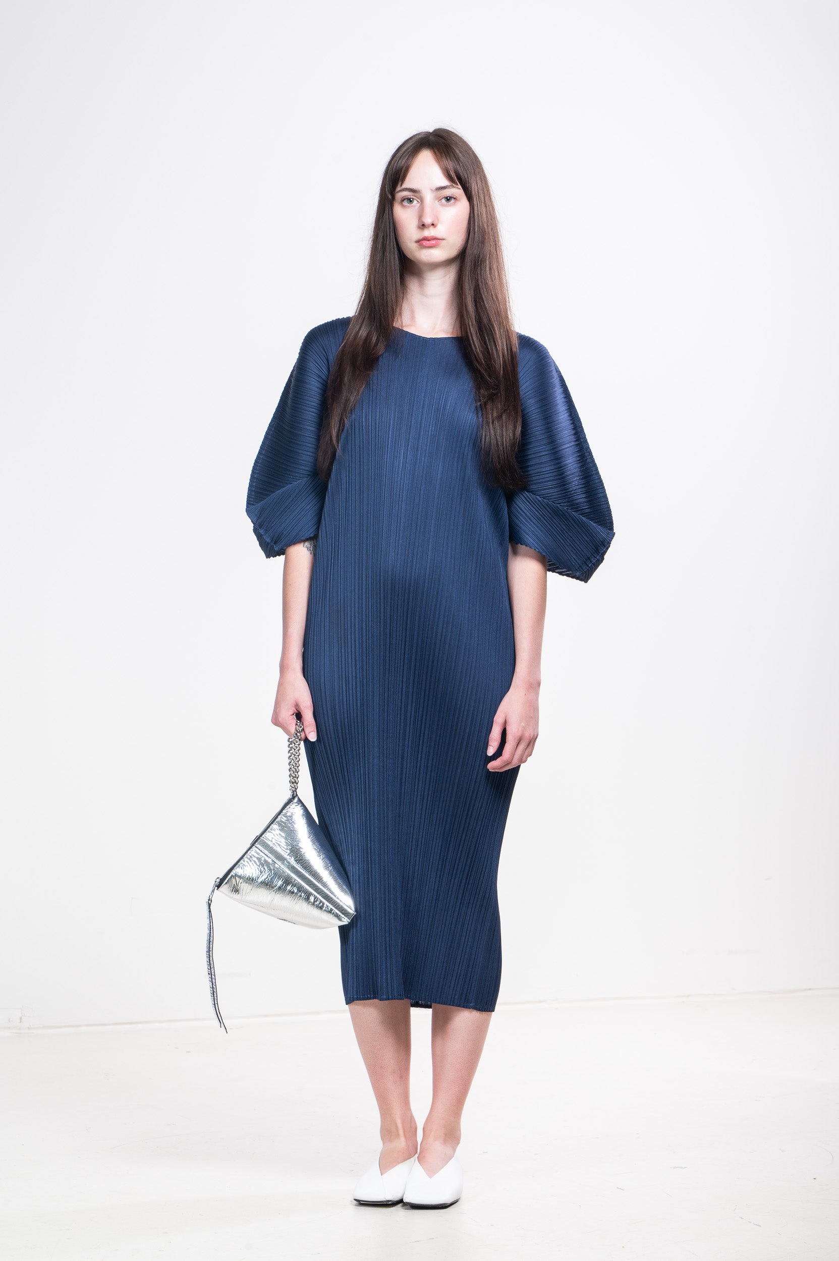 Front view of Issey Miyake Pleats Please Navy T-Shirt Pleated Maxi Dress