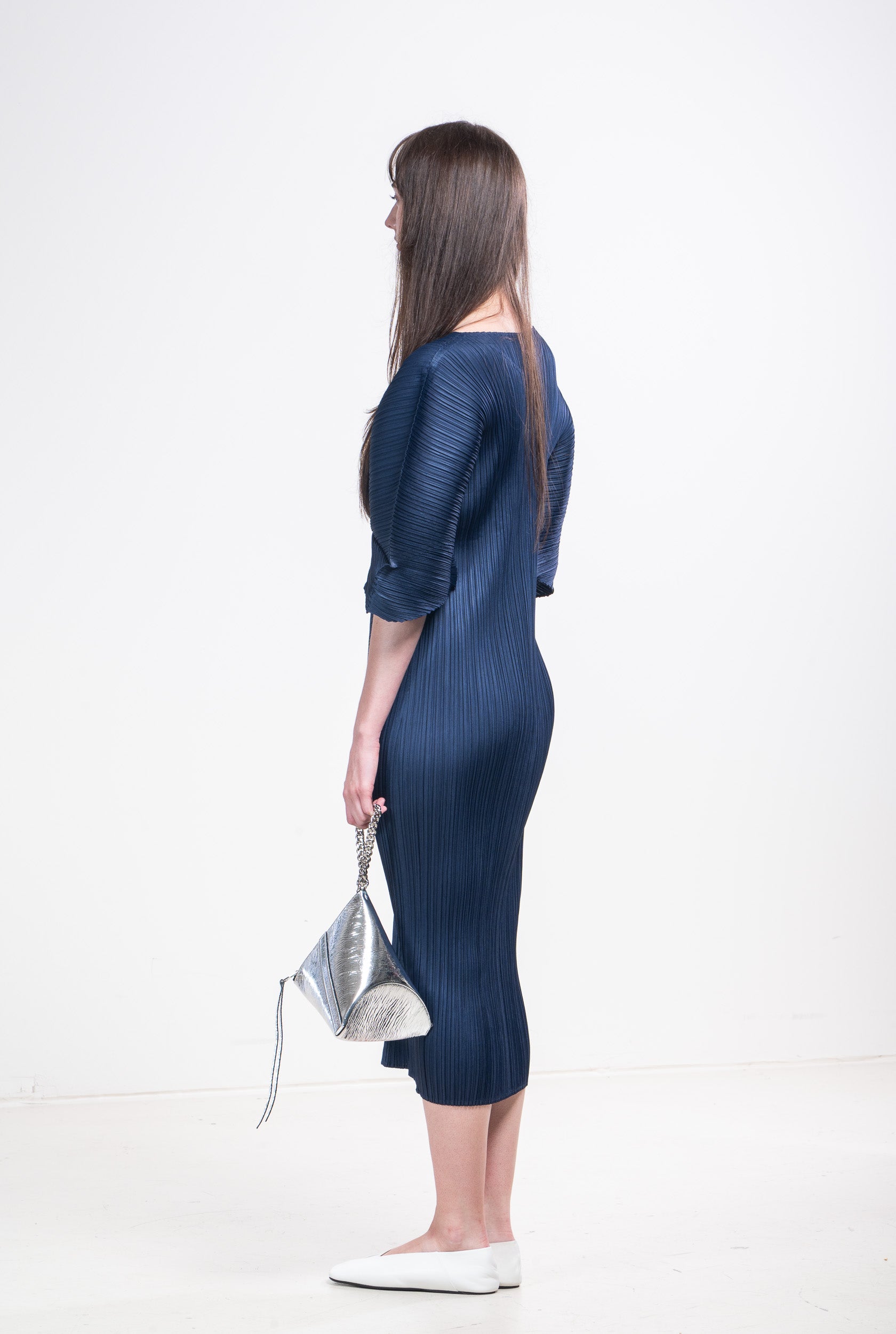 Side view of Issey Miyake Pleats Please Navy T-Shirt Pleated Maxi Dress