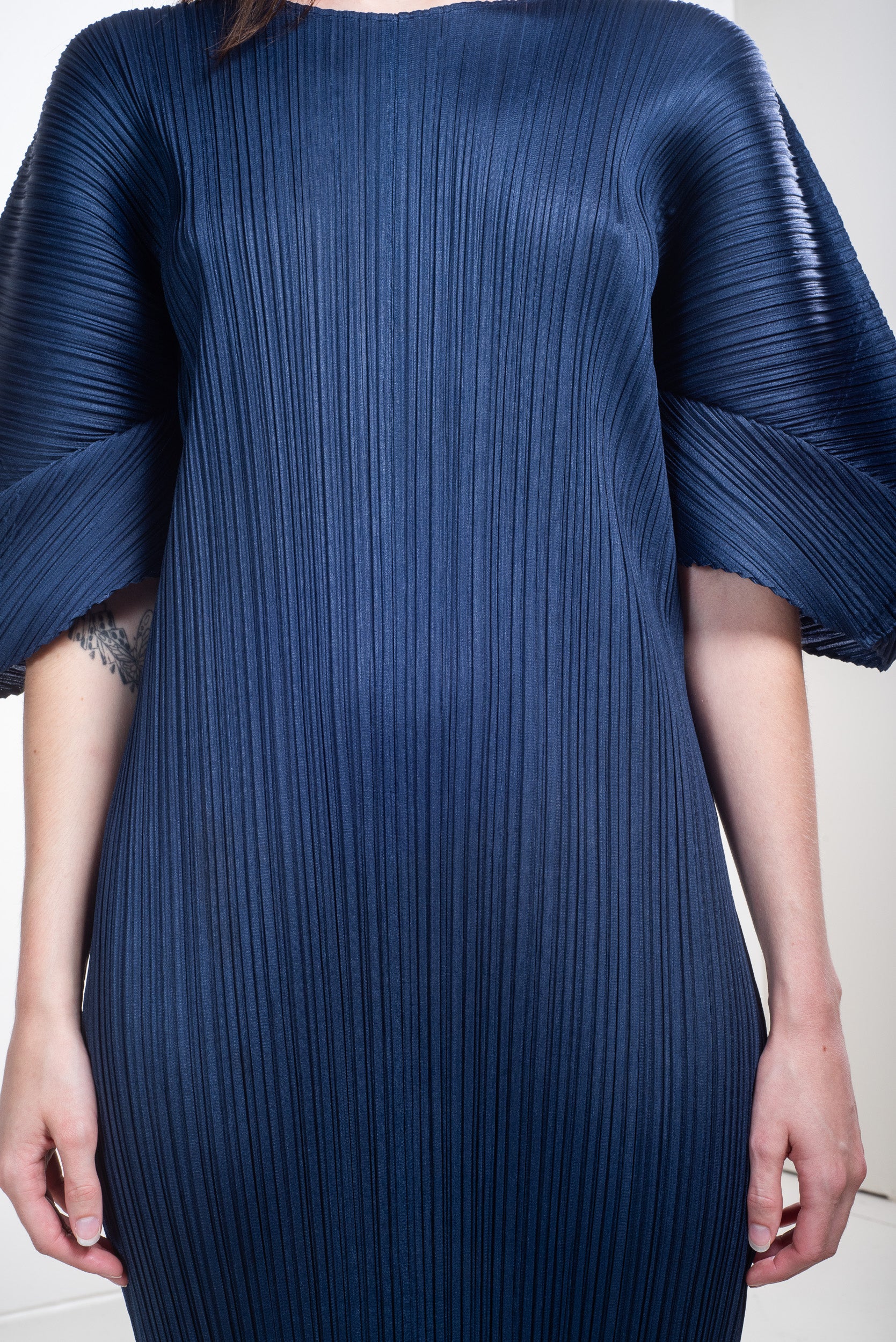 Close-up front view of Issey Miyake Pleats Please Navy T-Shirt Pleated Maxi Dress