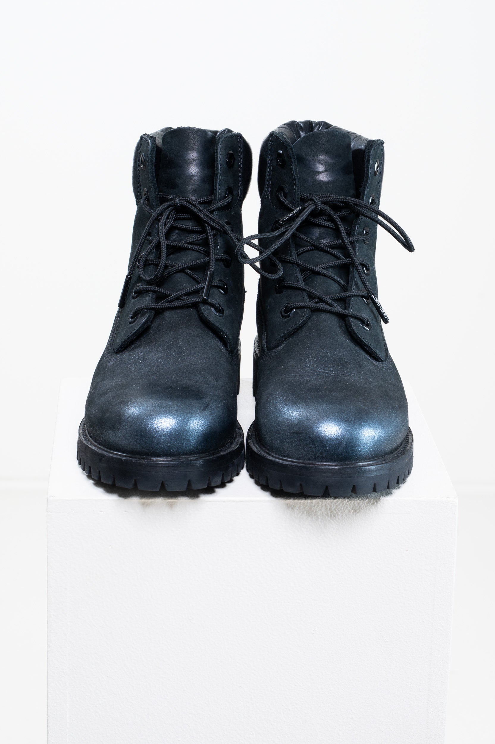 Front view of Jimmy Choo x Timberland Glitter Covered Combat Boot