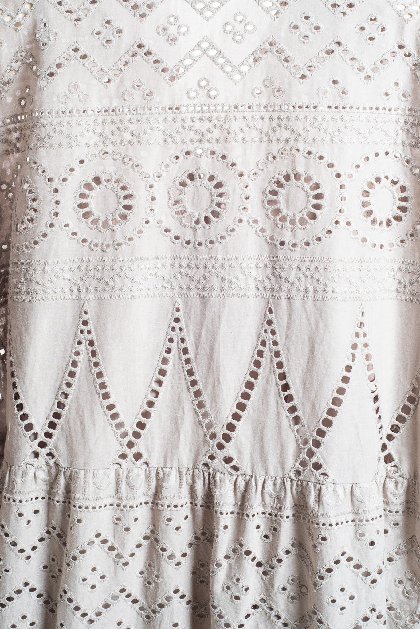 Close-up view of Luisa Cerano Taupe Eyelet Long Sleeve Mini Dress w/ Slip