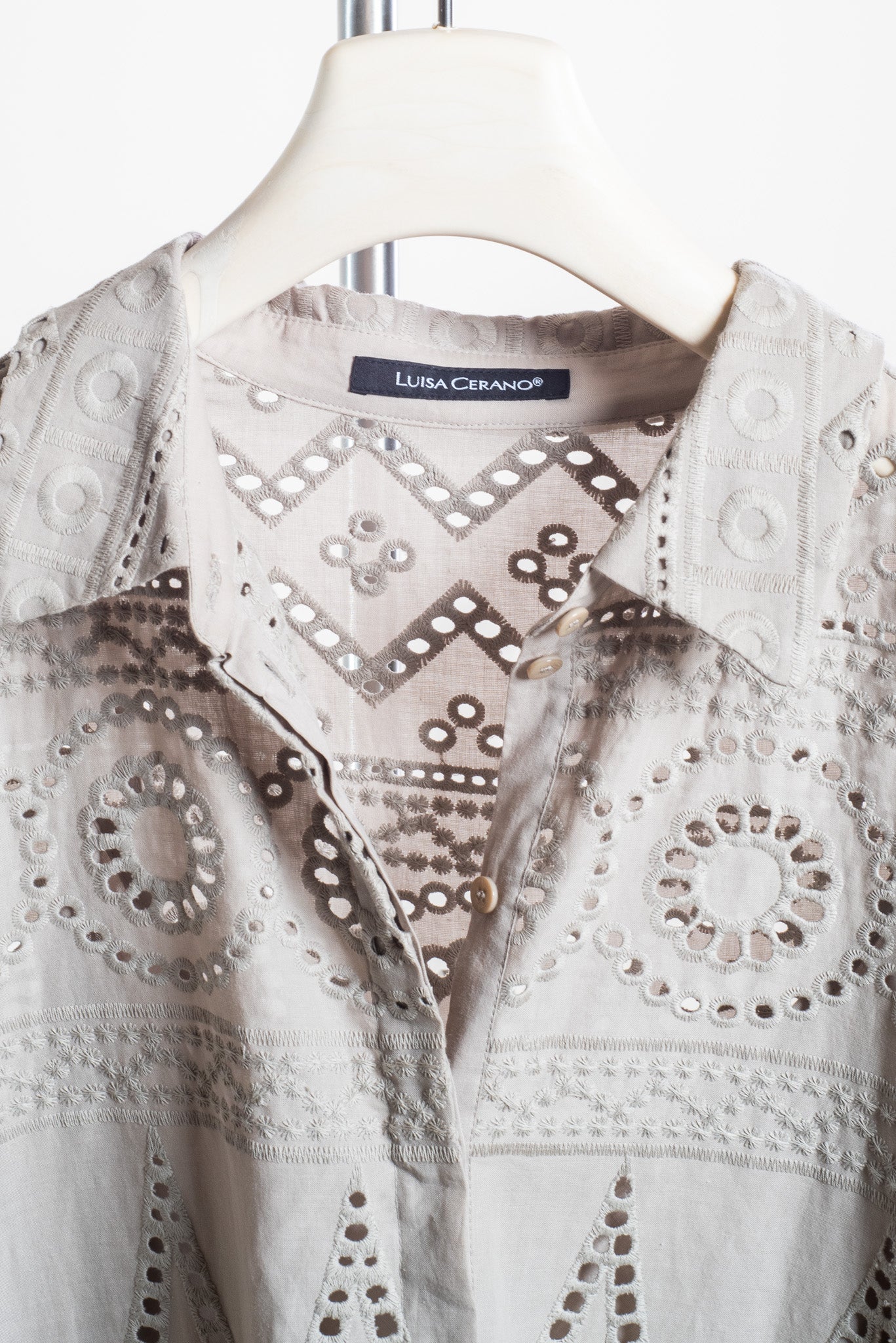Additional close-up view of Luisa Cerano Taupe Eyelet Long Sleeve Mini Dress w/ Slip