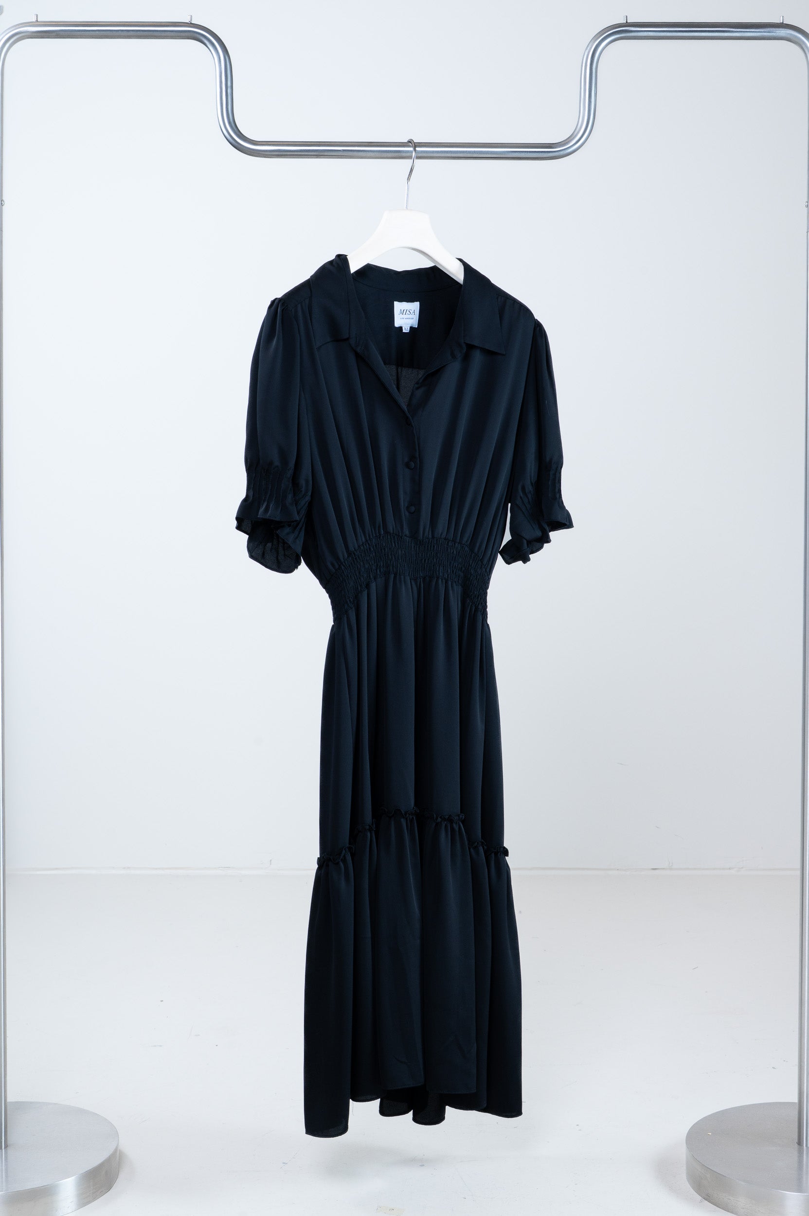 Front view of Misa Black Uma Midi Dress showing full silhouette